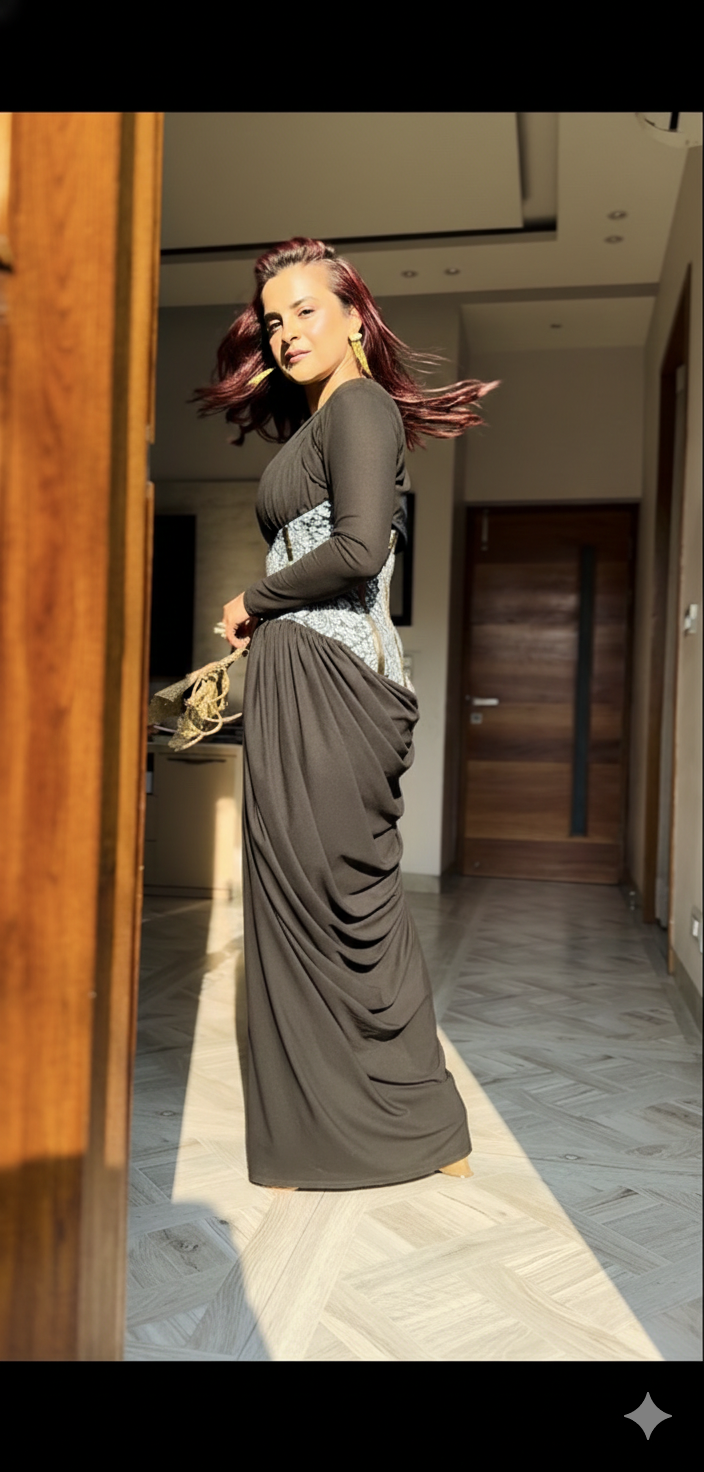 black  v neck corset lycra gown with shrug