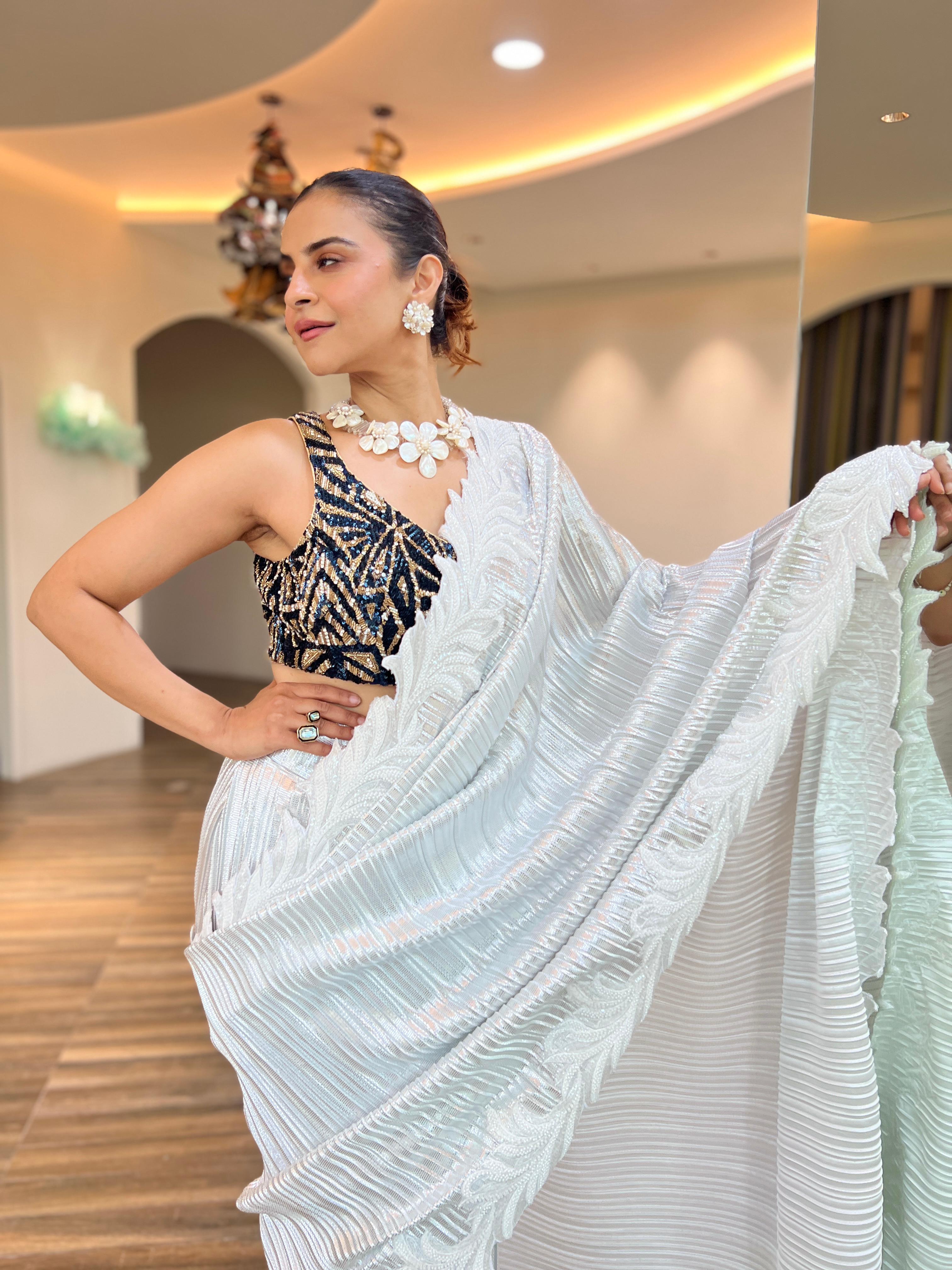 Pearl white embroidered Saree with Zardosi Blouse