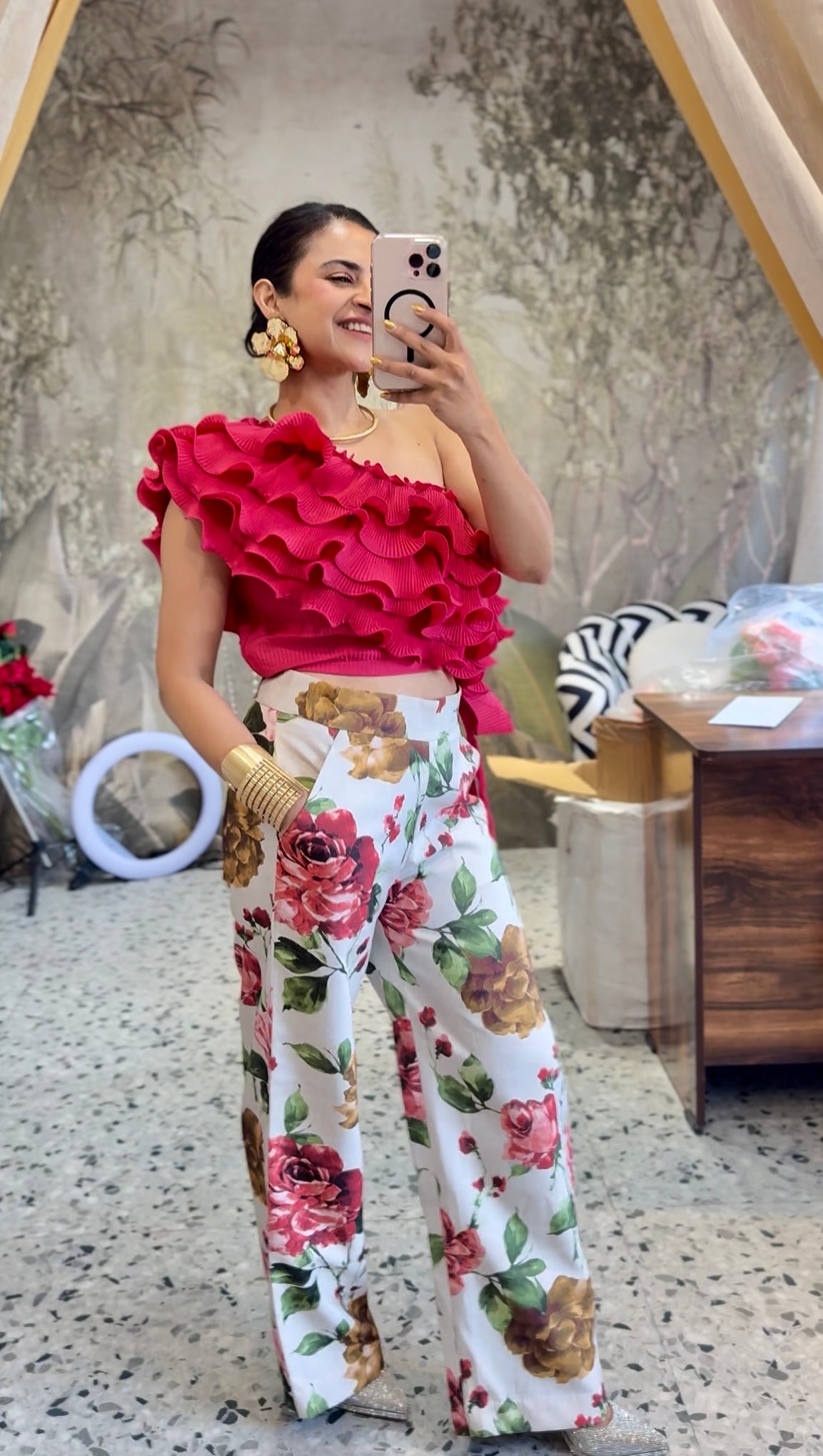 Pink floral ruffle layered pants set