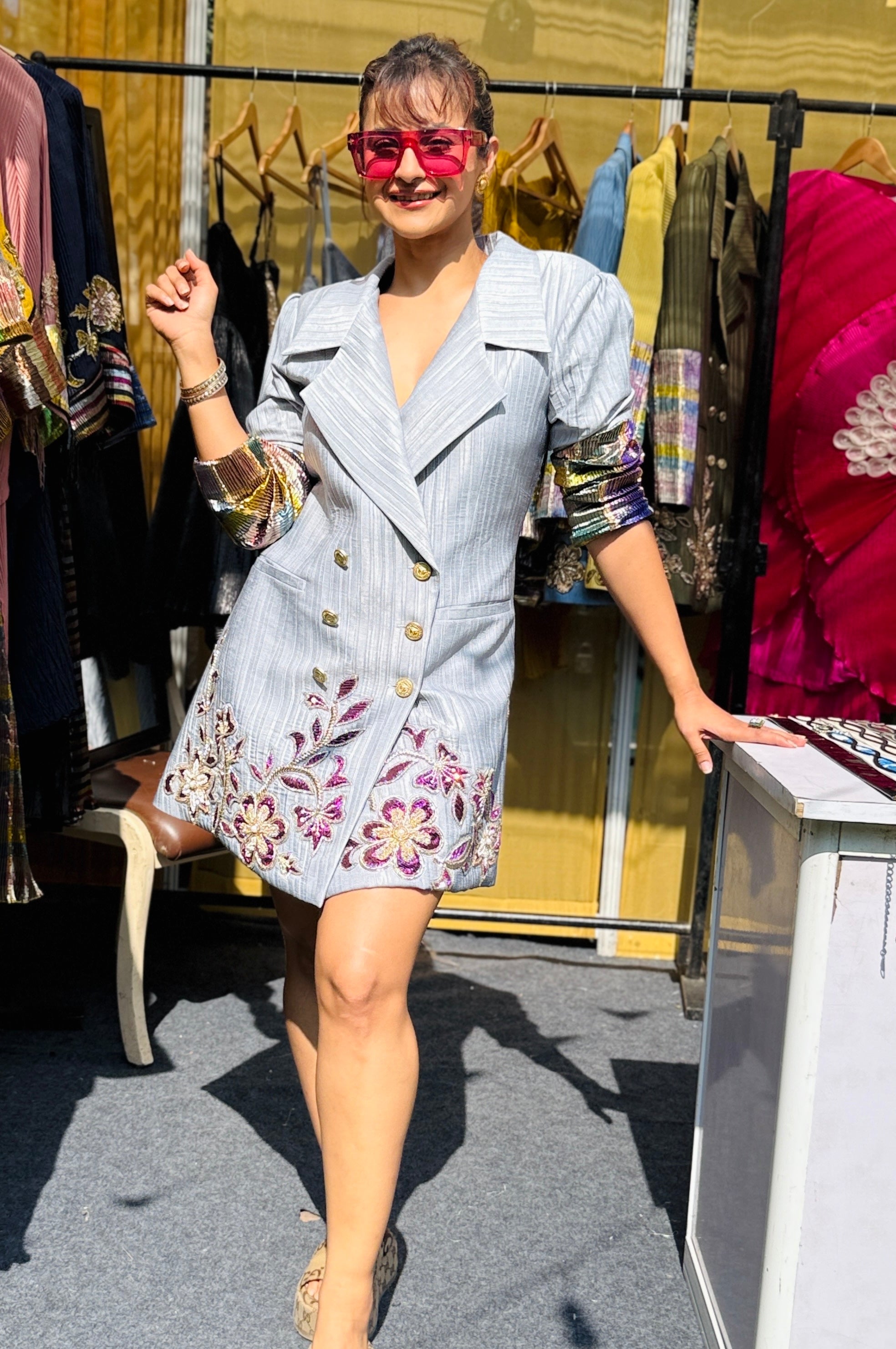 Lilac Grey Embroidered Blazer Dress in Grey