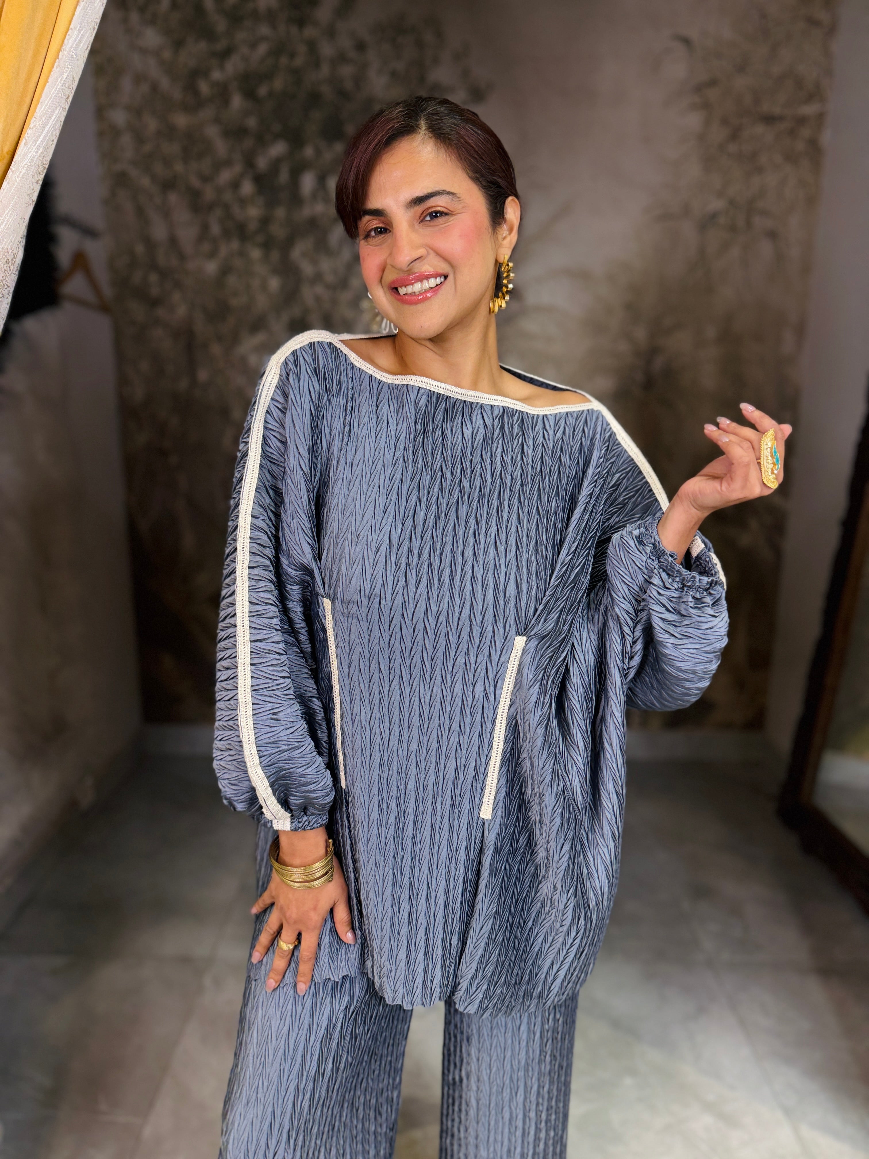 charcoal grey lace coord set diamond pleat