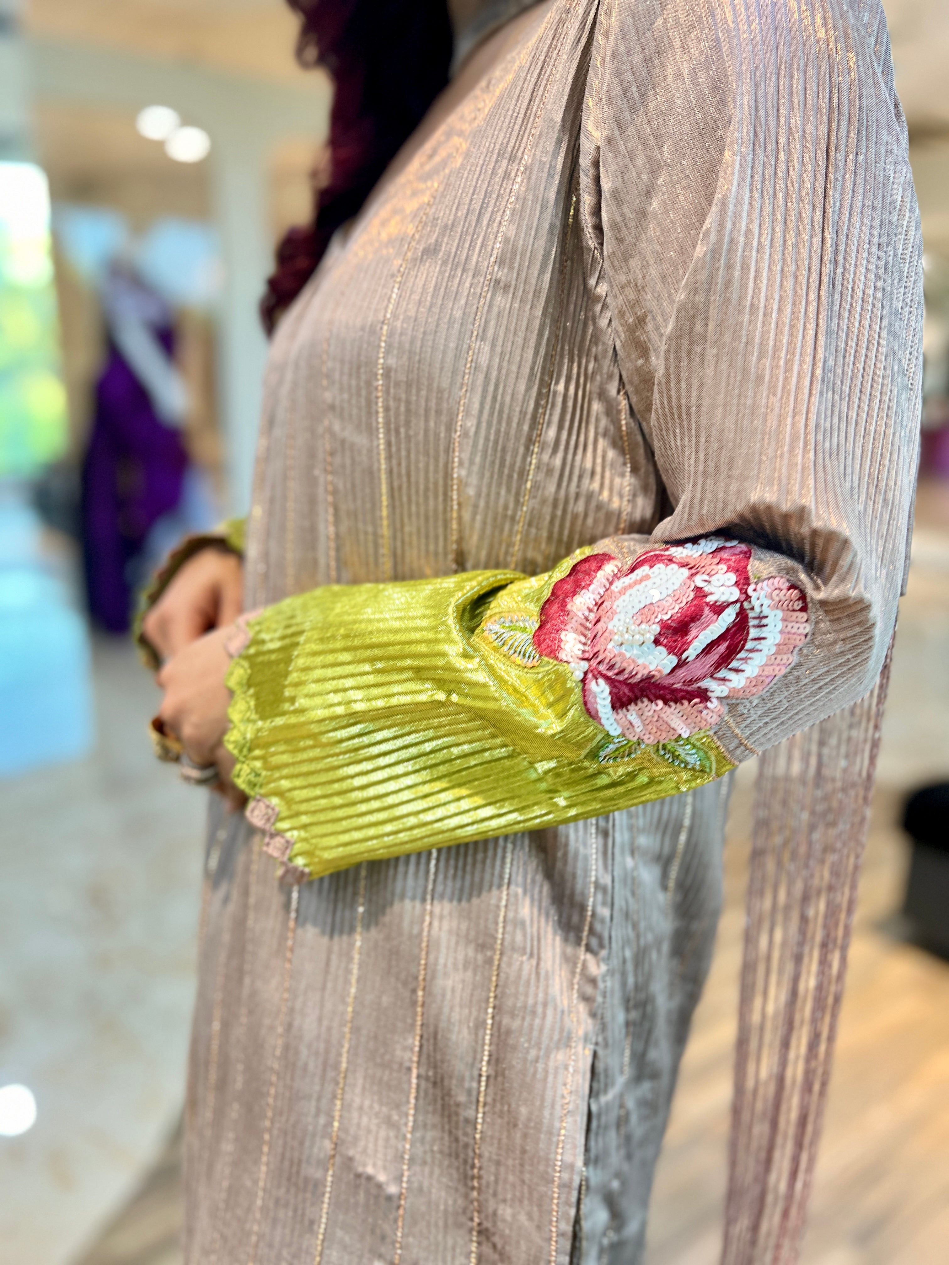 Zuri beige green shimmer gota striped suit set