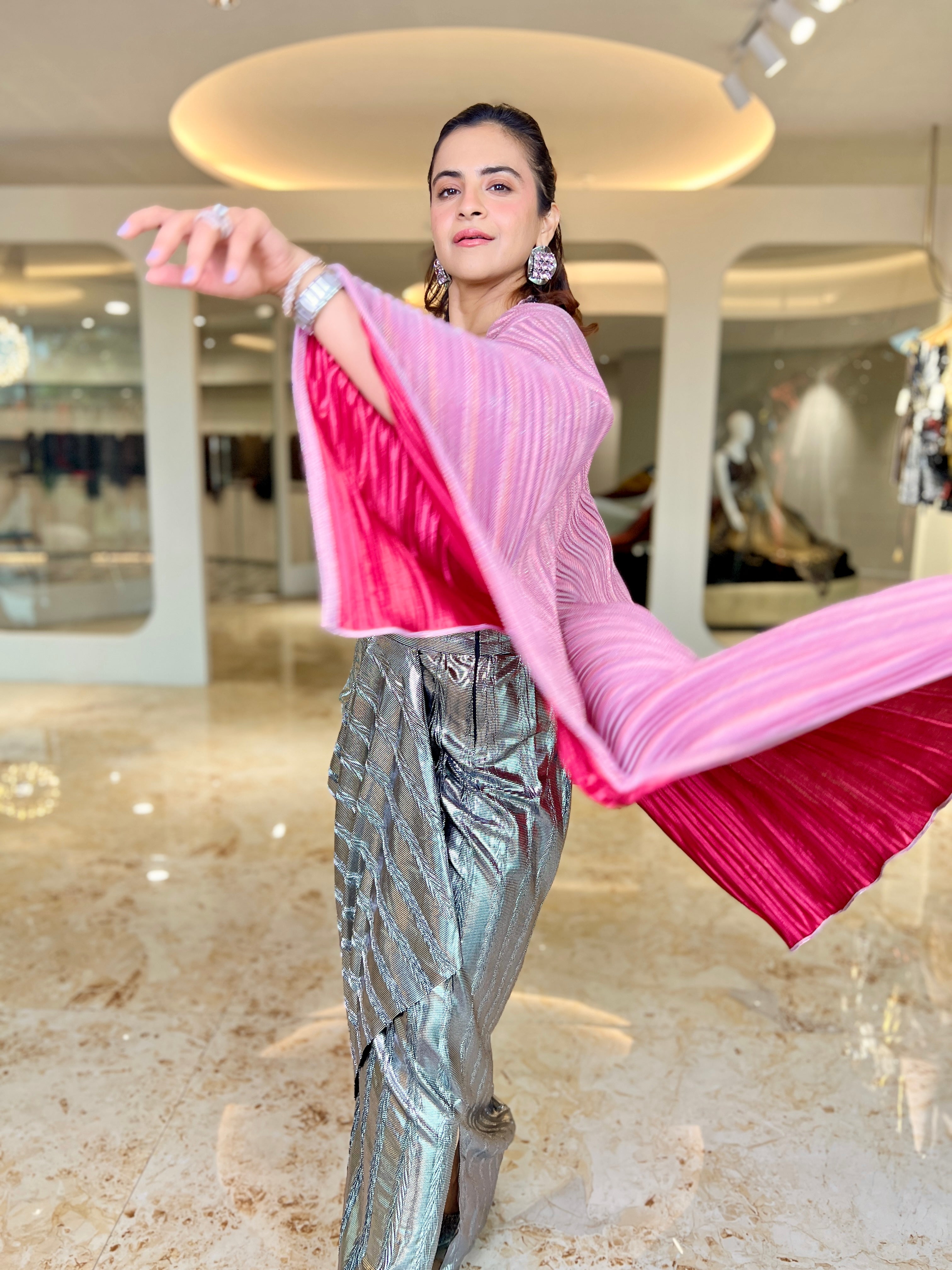 Pink Cape with Silver Foil Dhoti Set