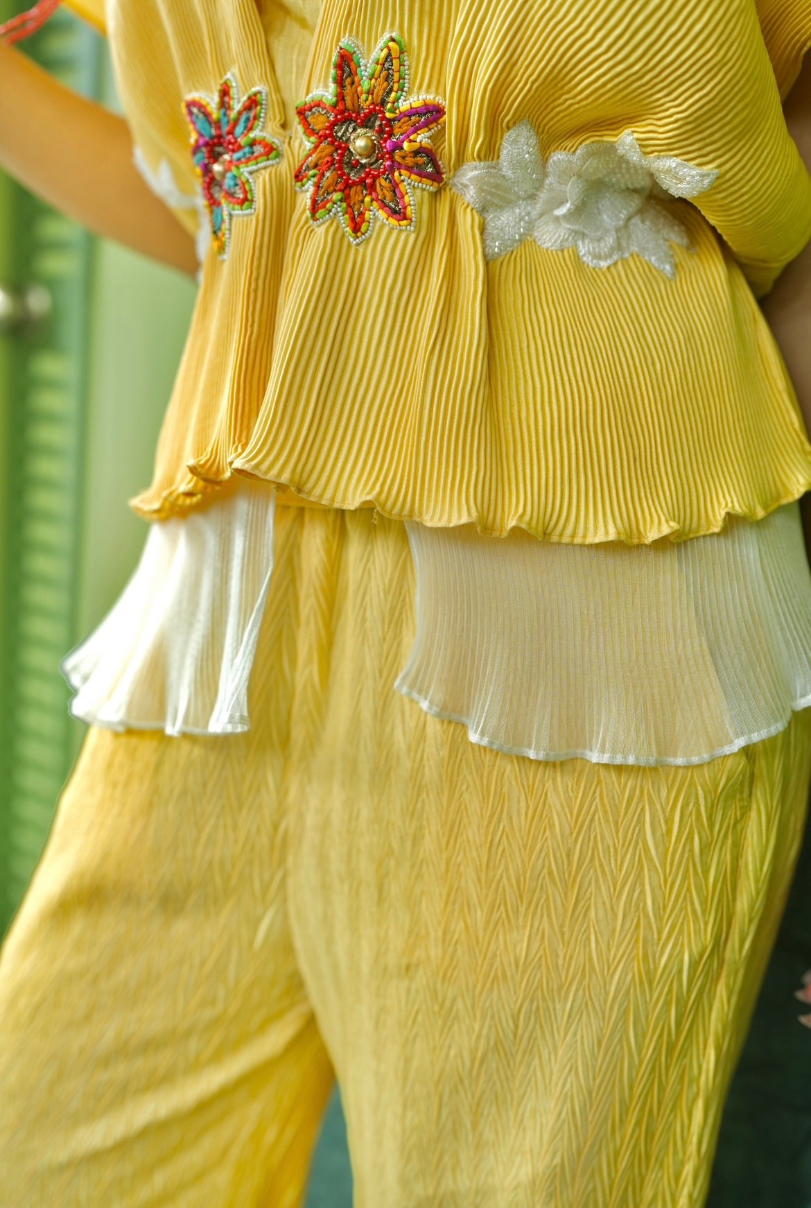 Yellow embroidered layered pants set