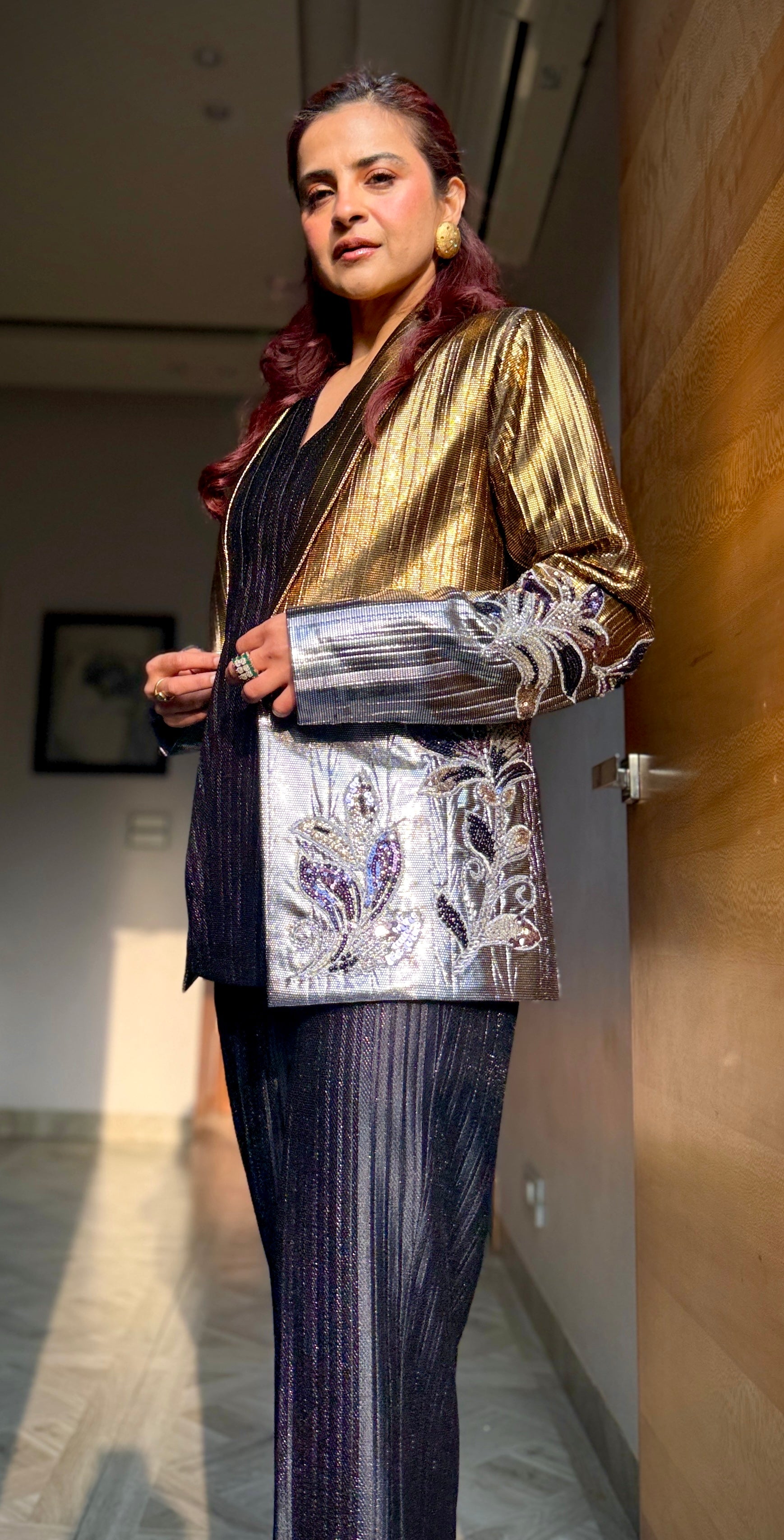 Aurora Alloy Power Blazer Pants set in Golden Silver and black