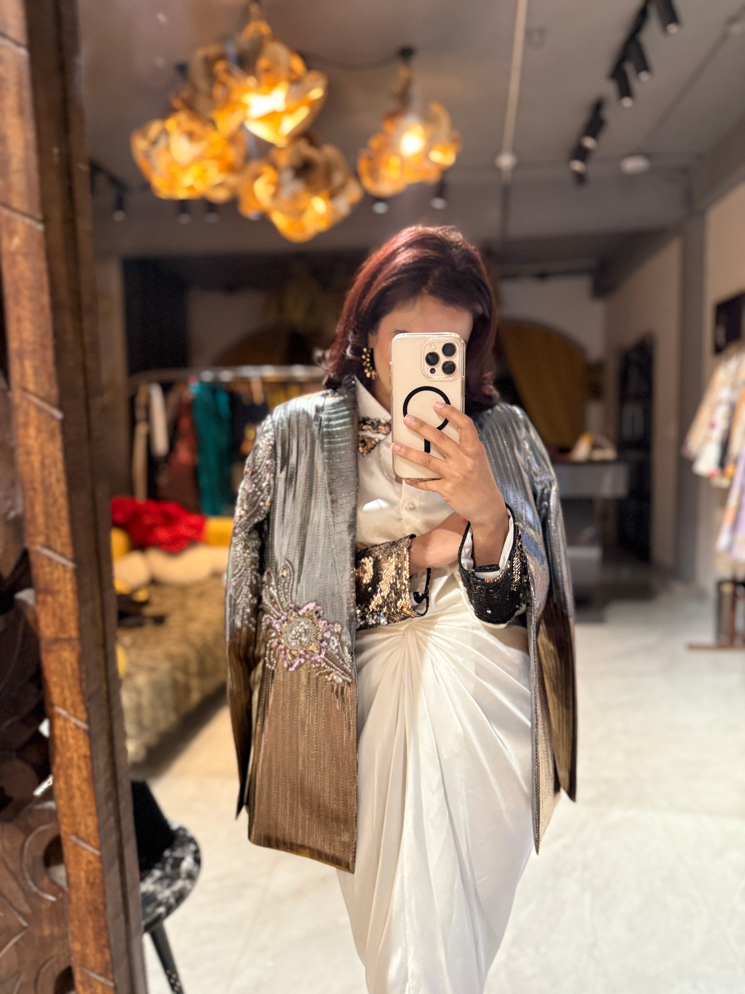 Silver copper new emb half and half blazer