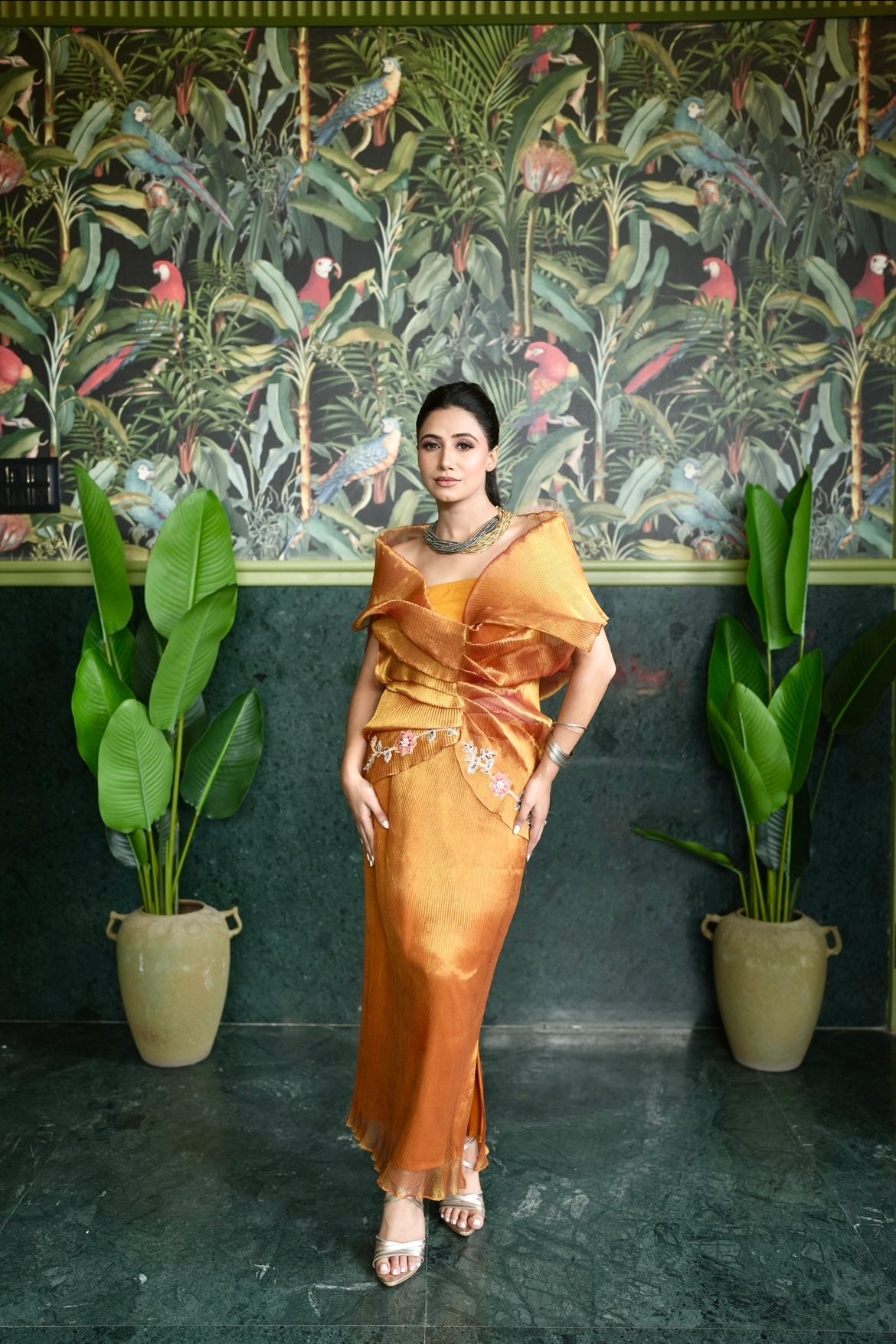 Sunset embroidered Multi drape skirt set