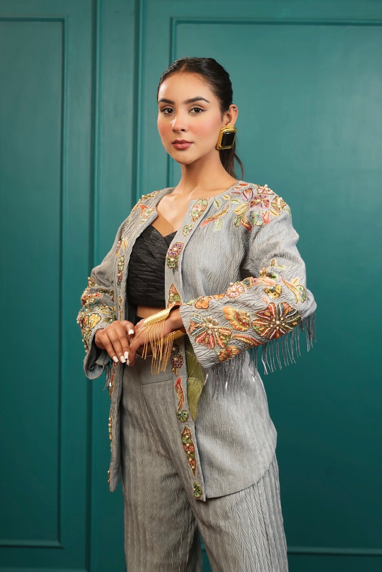 Dove grey denim embellished co ord set