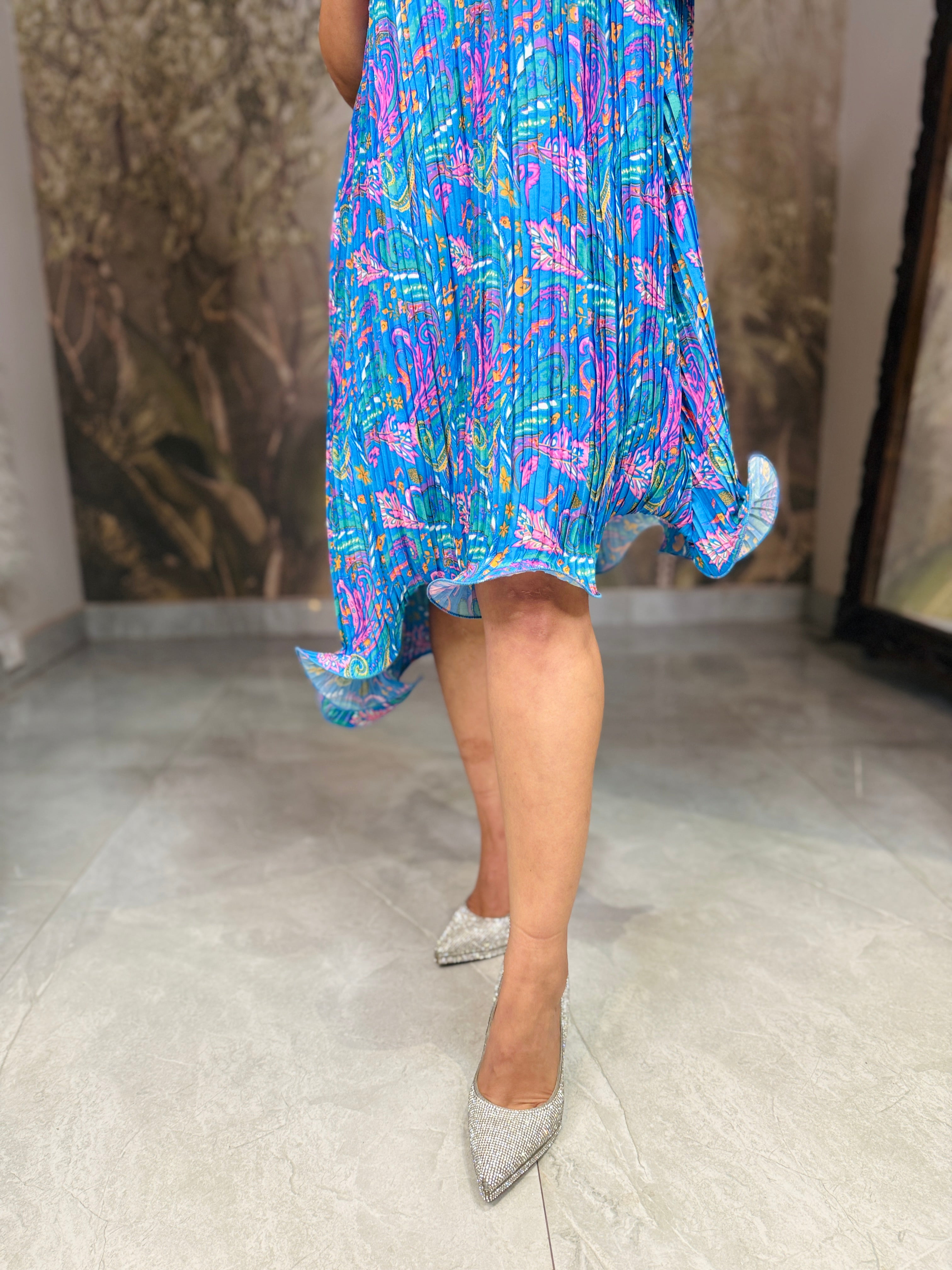 Paisley groove halter neck ruffle dress