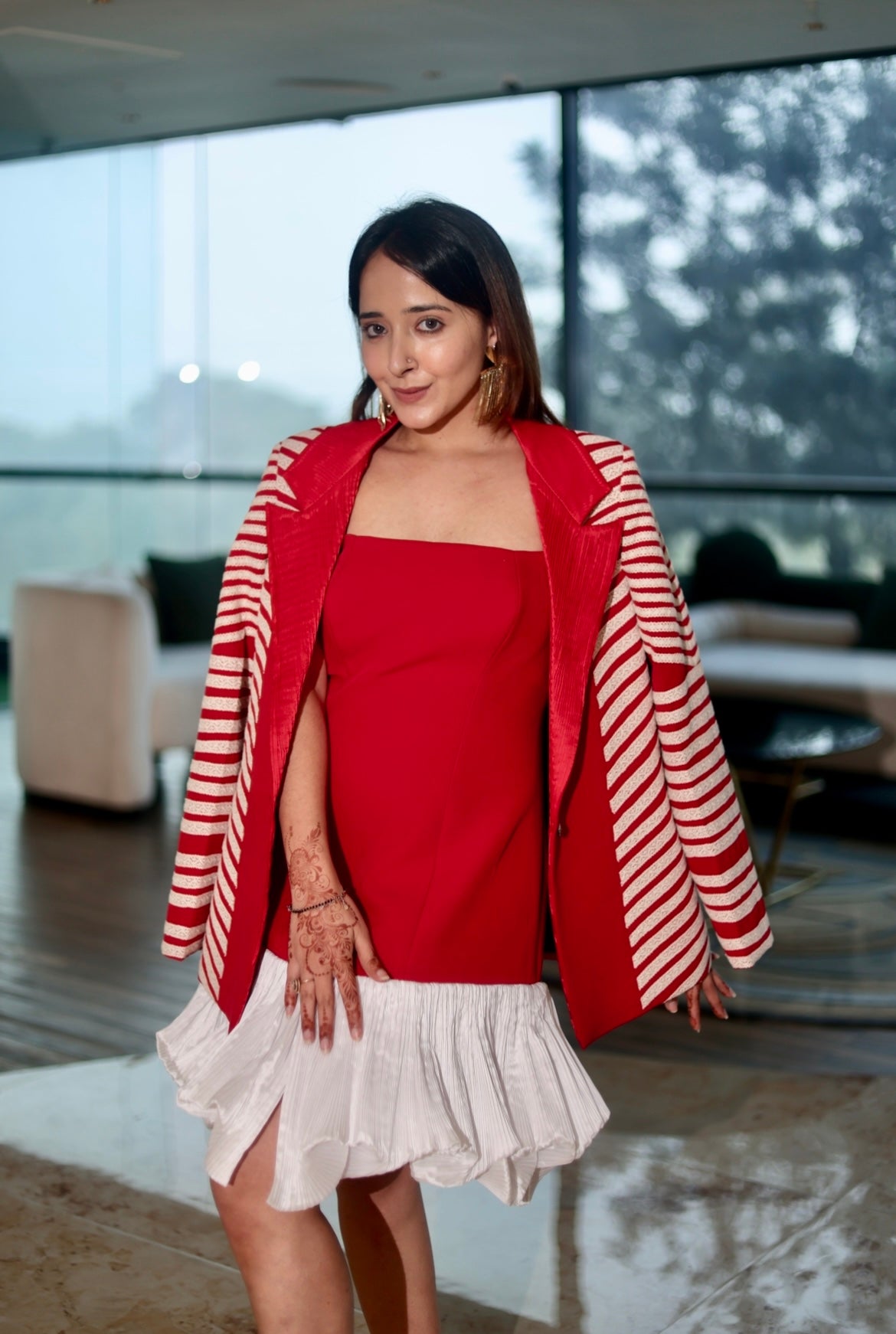 Red illusion power blazer with dress set
