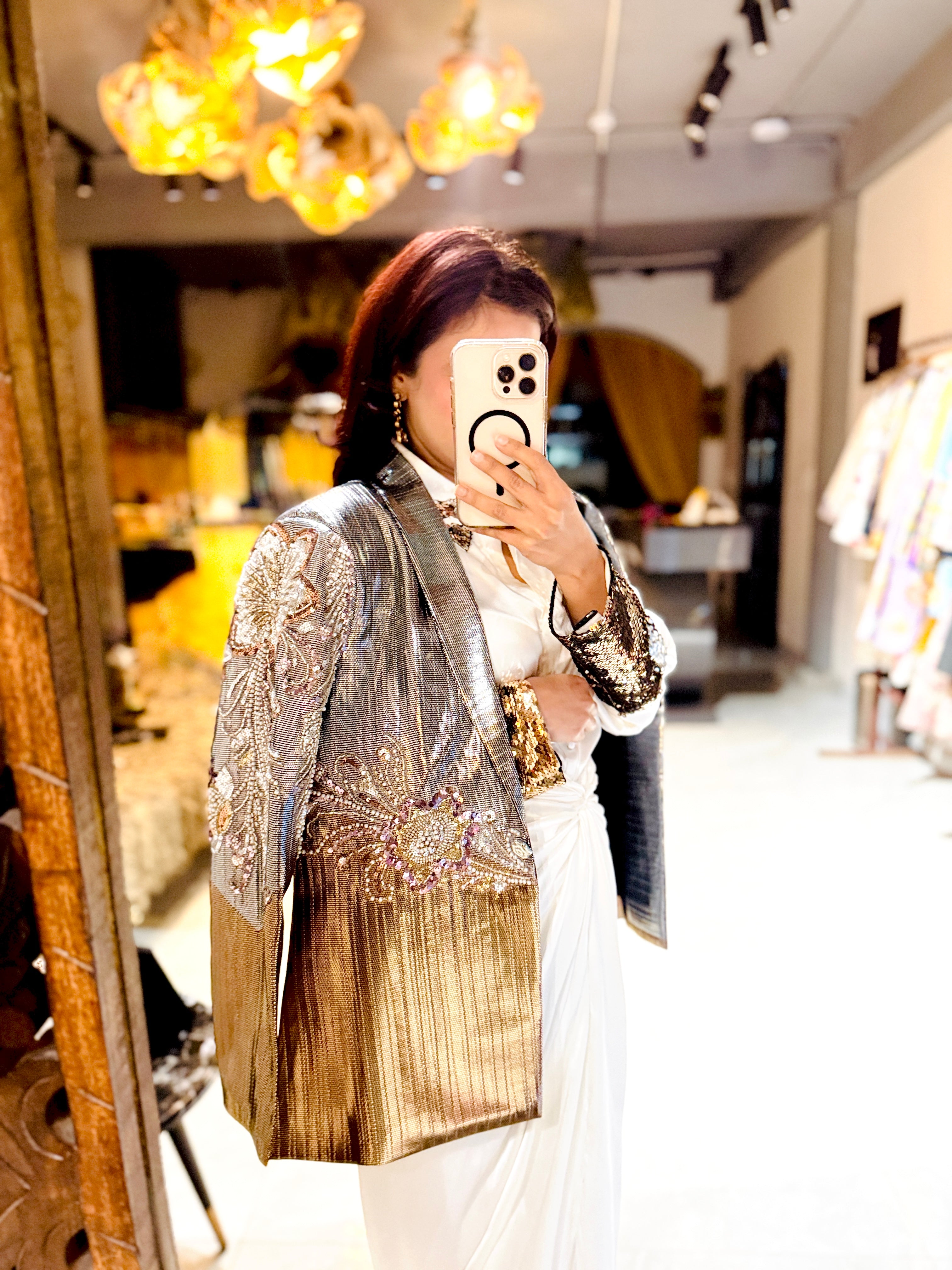 Silver copper new emb half and half blazer