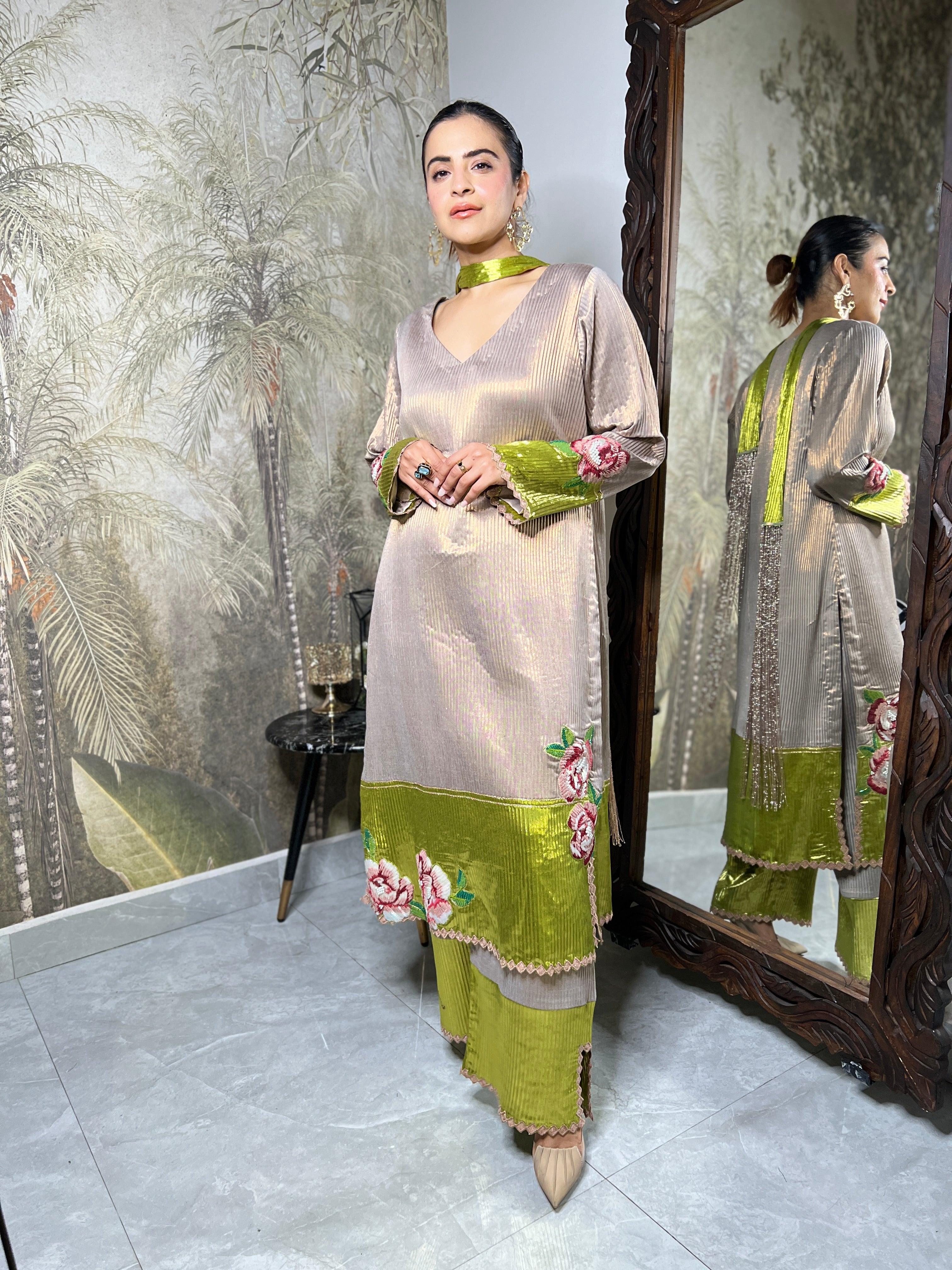 Zuri Beige Green Shimmer Suit set