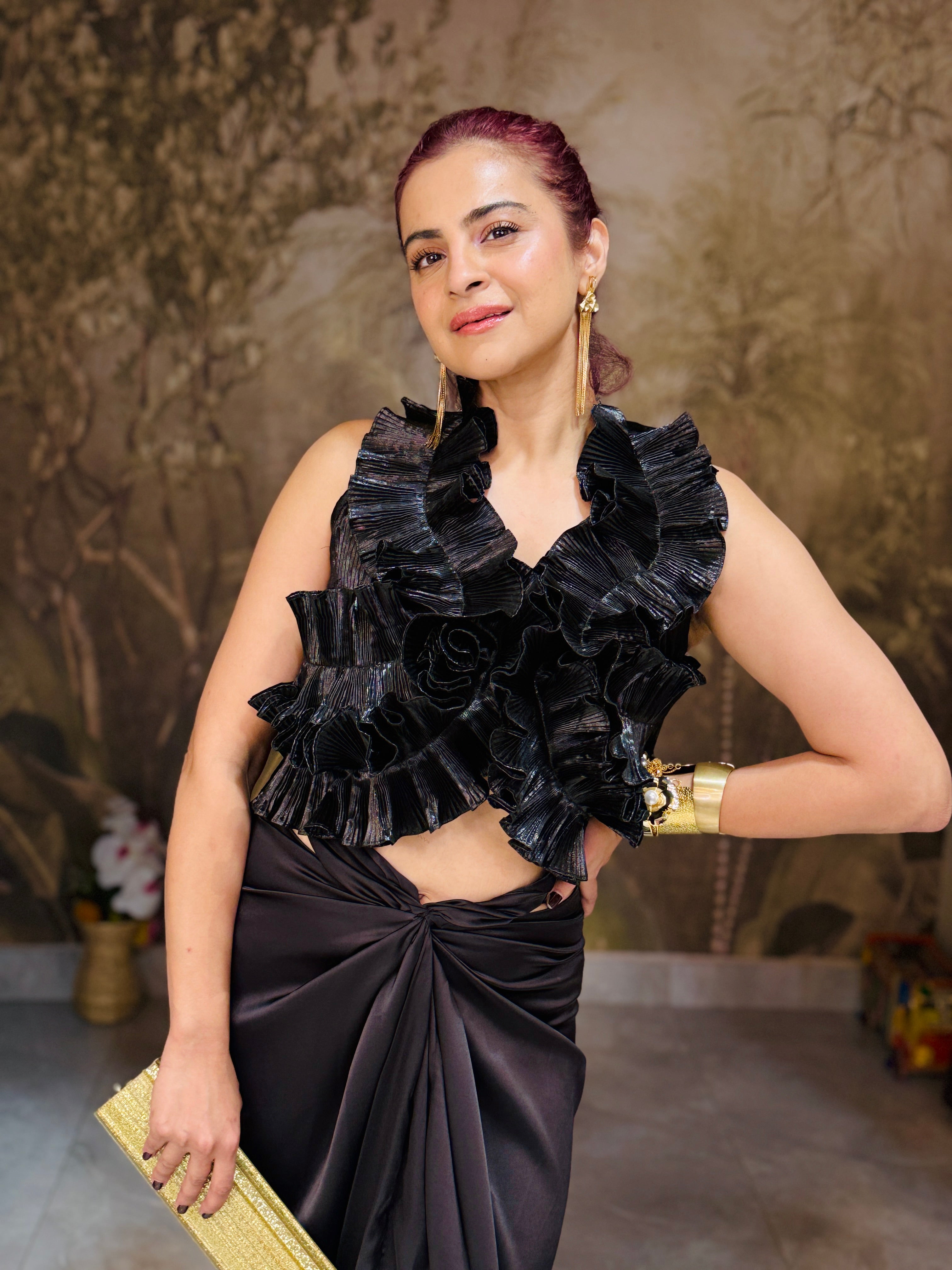 Black shimmer ruffle top