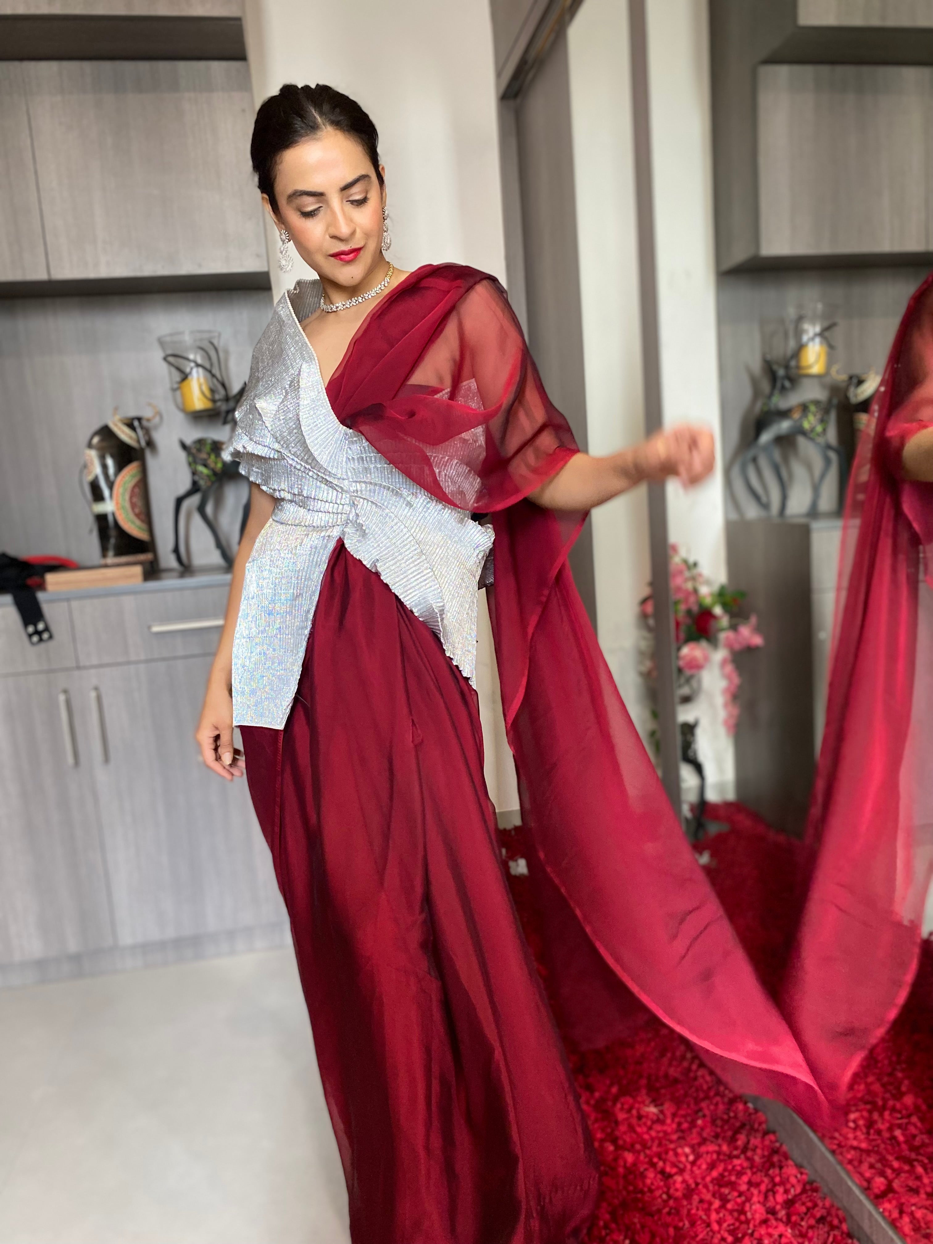 Silver & Maroon shimmer multi drape saree set