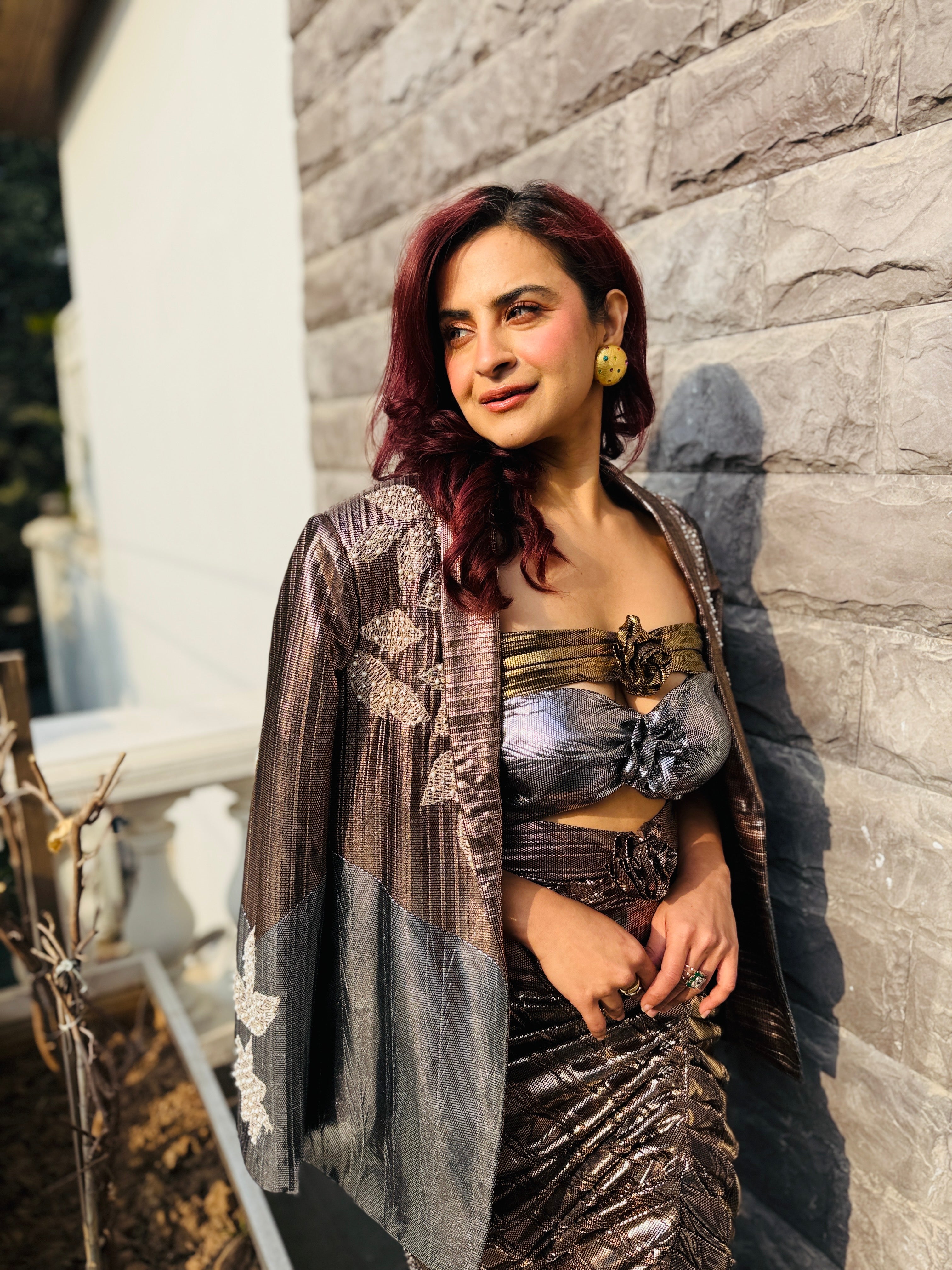 Argent Amber Power Blazer with Foil Cut-out gown