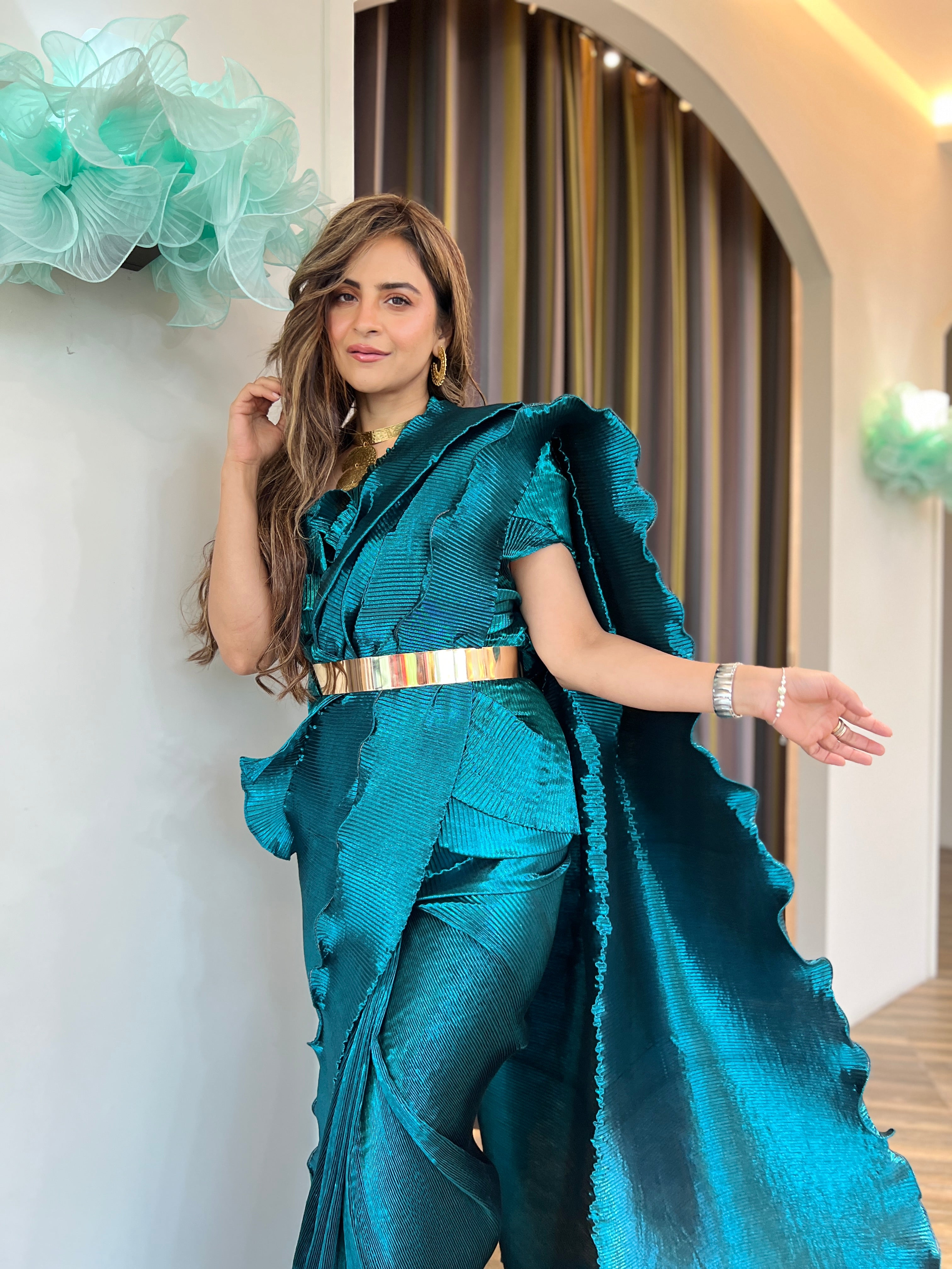 Teal blue pre draped shimmer silk saree