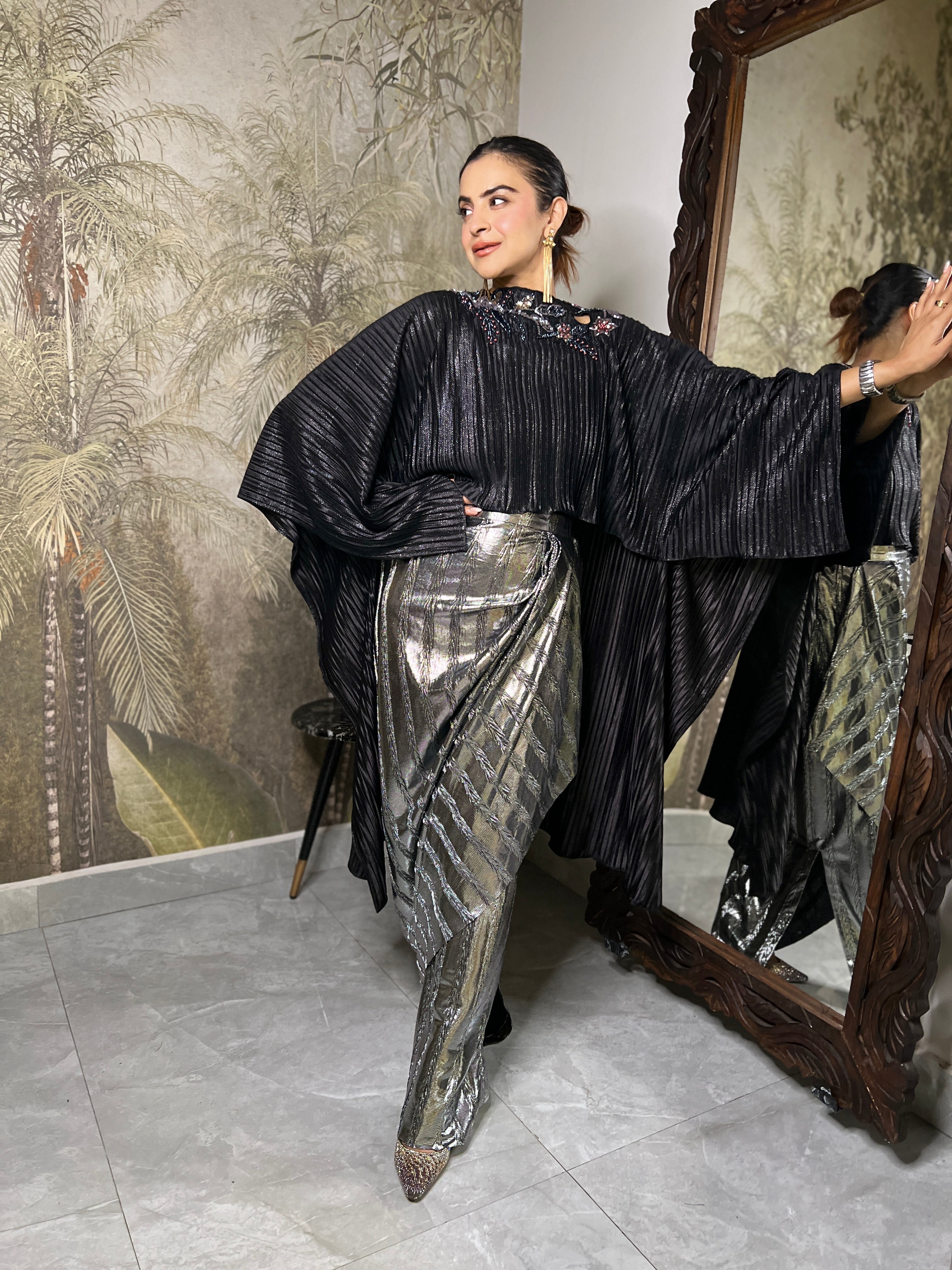 Black cape with silver foil dhoti set