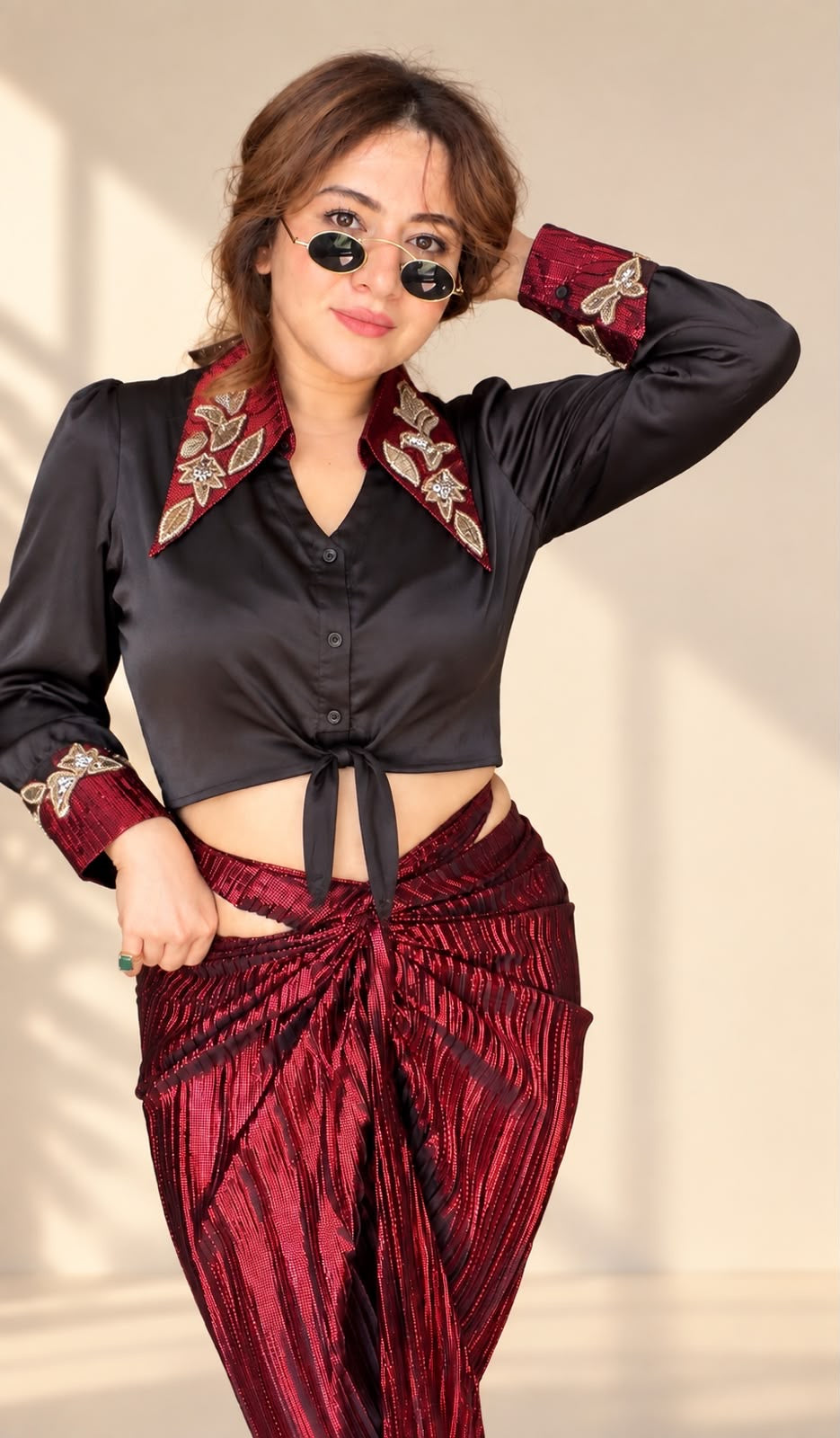 Black Armani Cropped Shirt with Red Embroidery