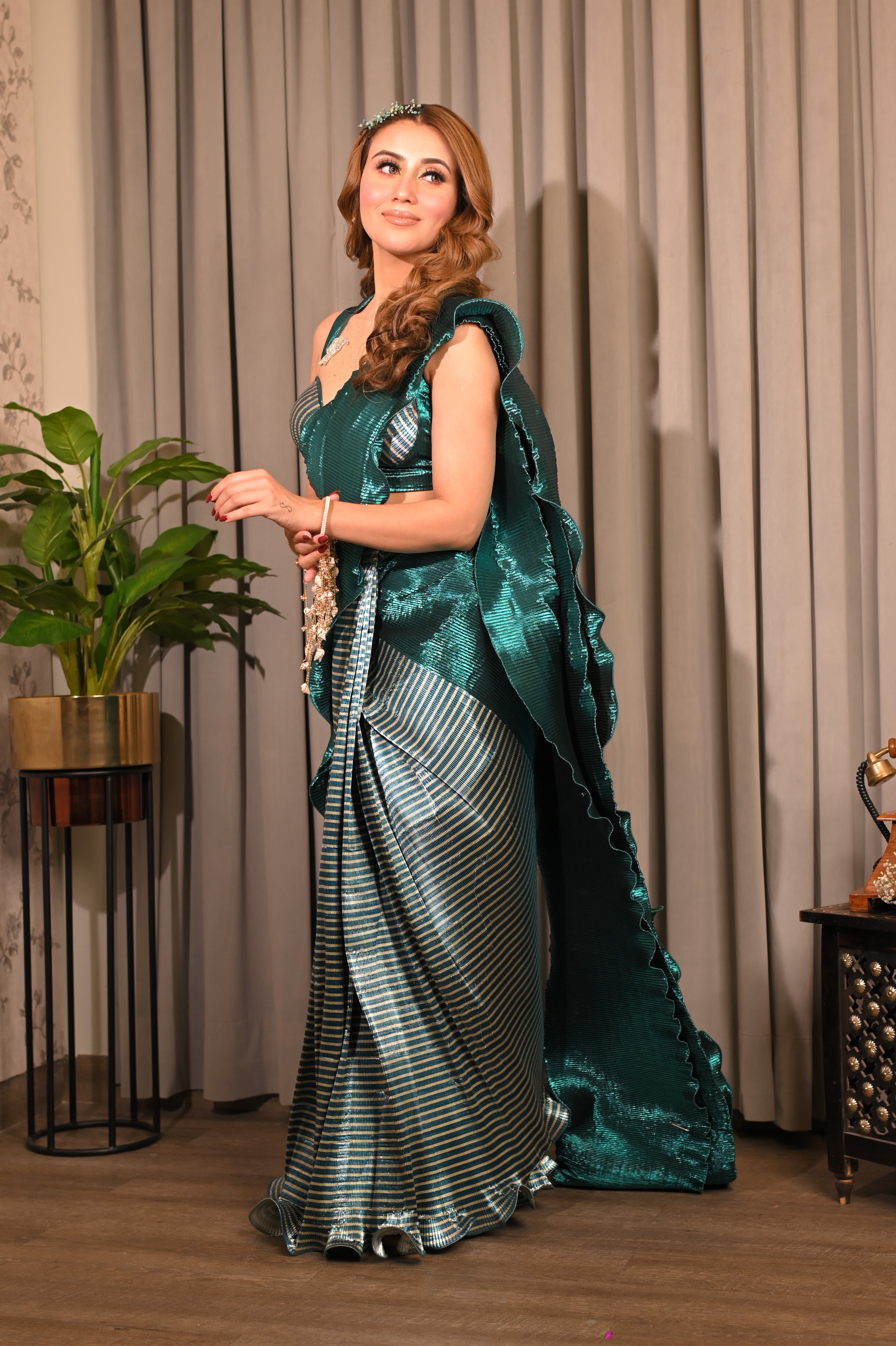 Turquoise color block saree