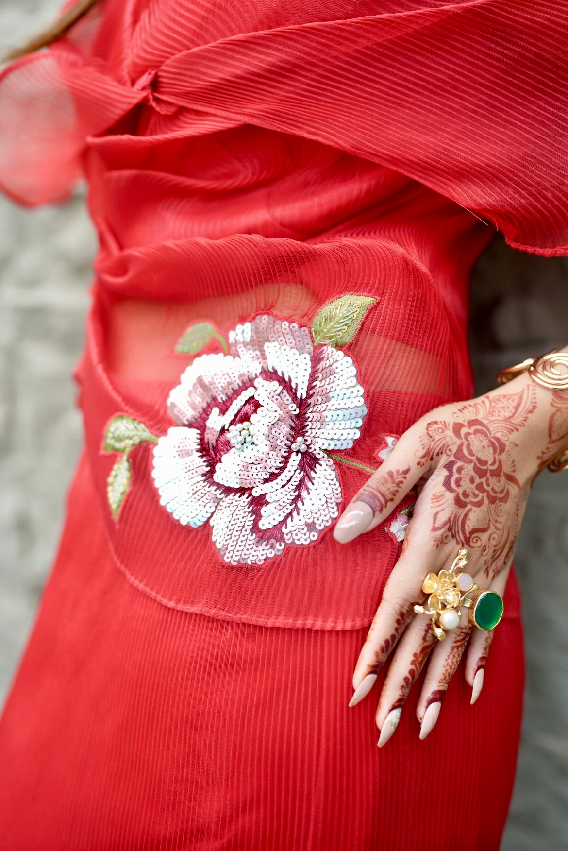 Red embroidered Multi drape skirt set
