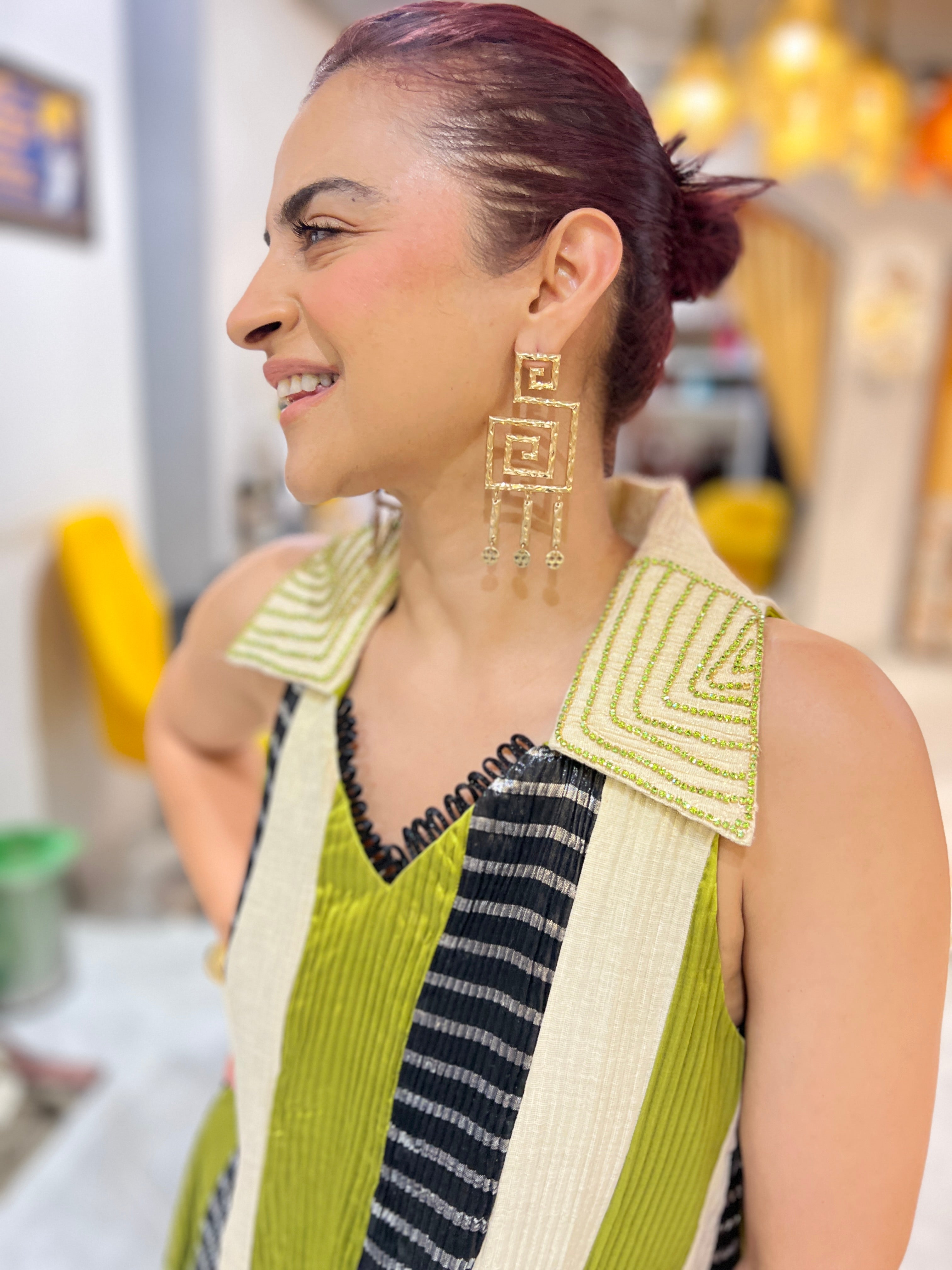 Collared embellished green gota embroidered kurta gharara set with earrings