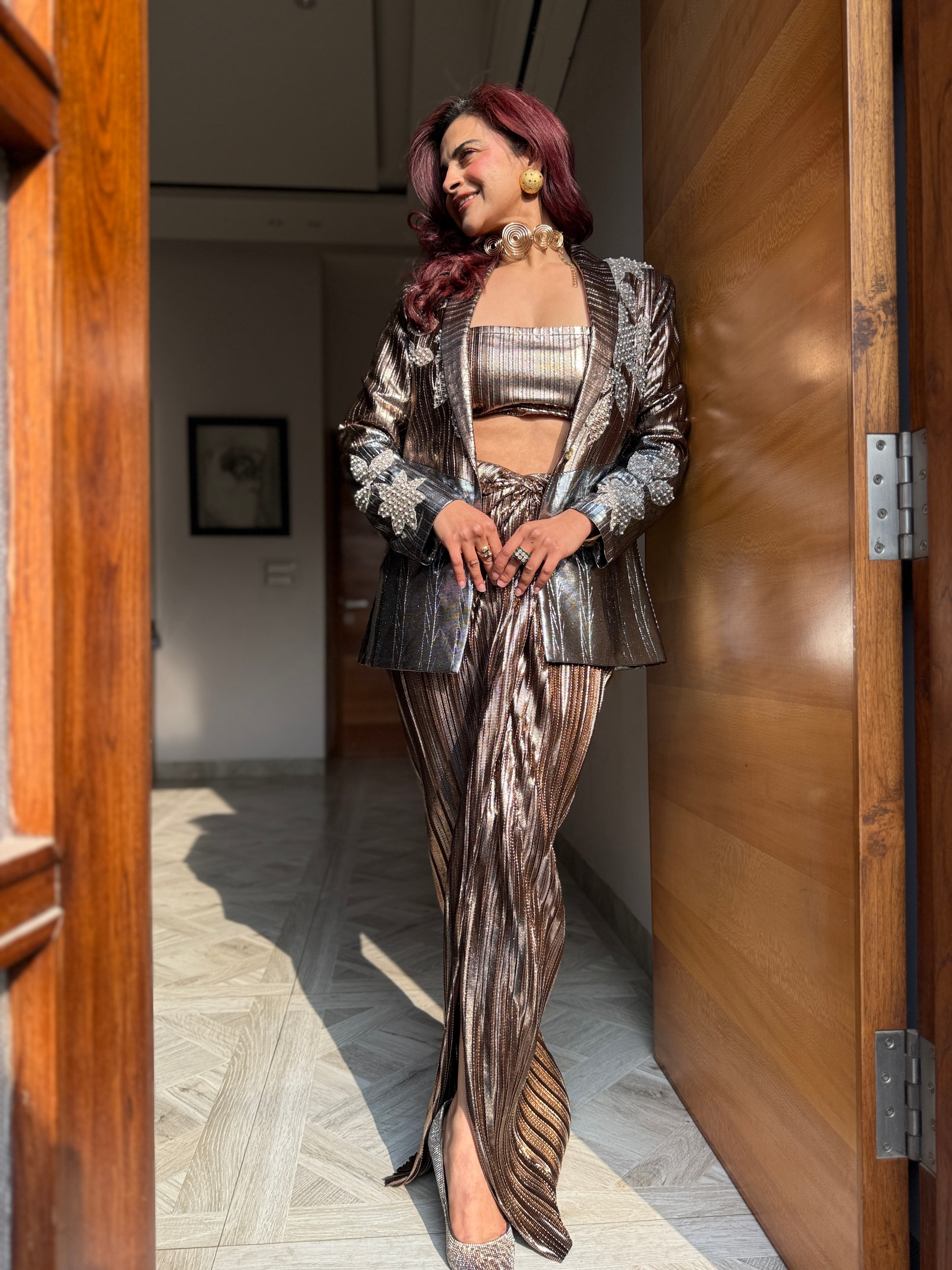 Copper foil  half and half Lust Power Drape Skirt Suit