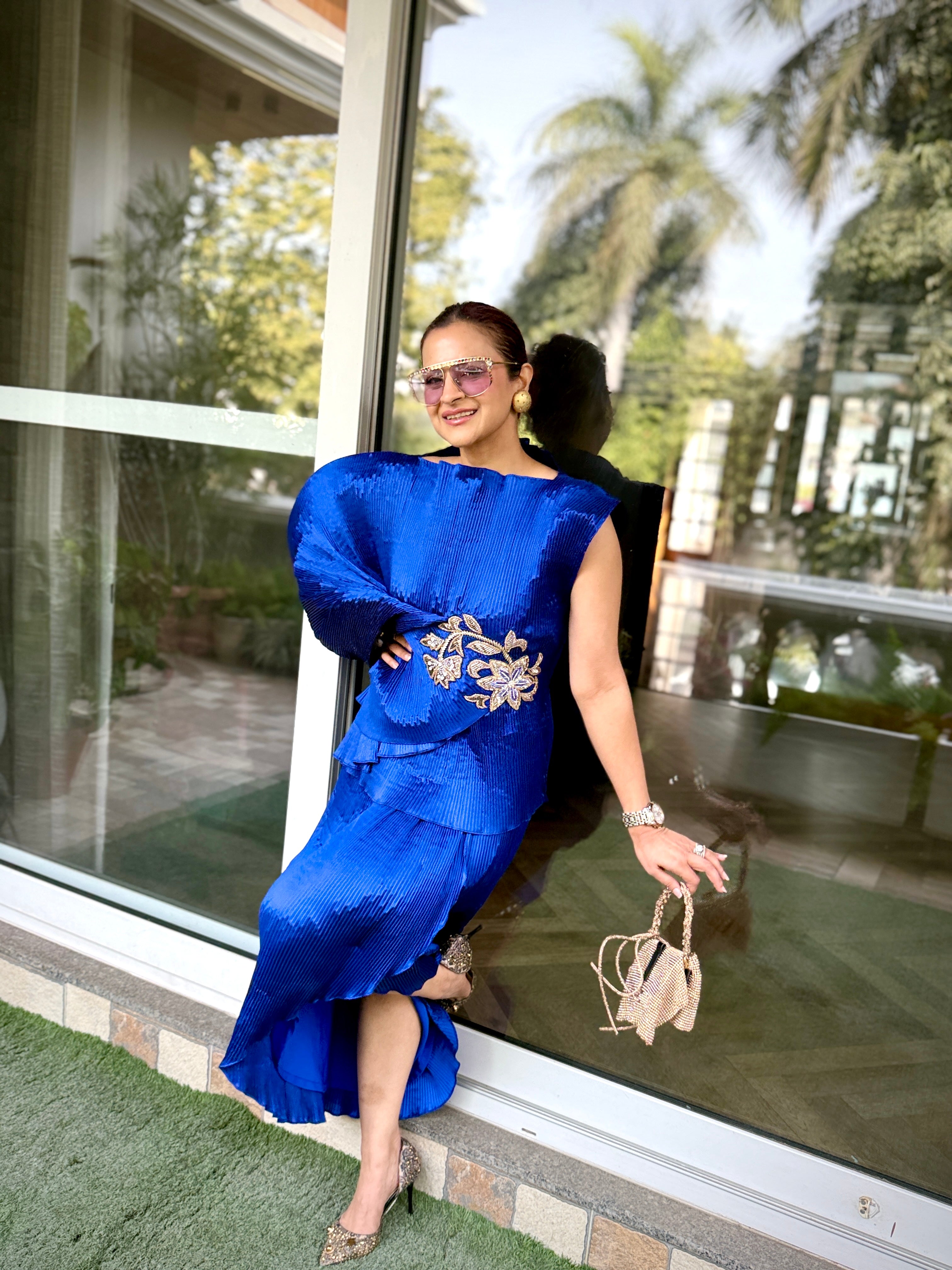 Sapphire Embroidered Lunar Bloom Top in Electric Blue