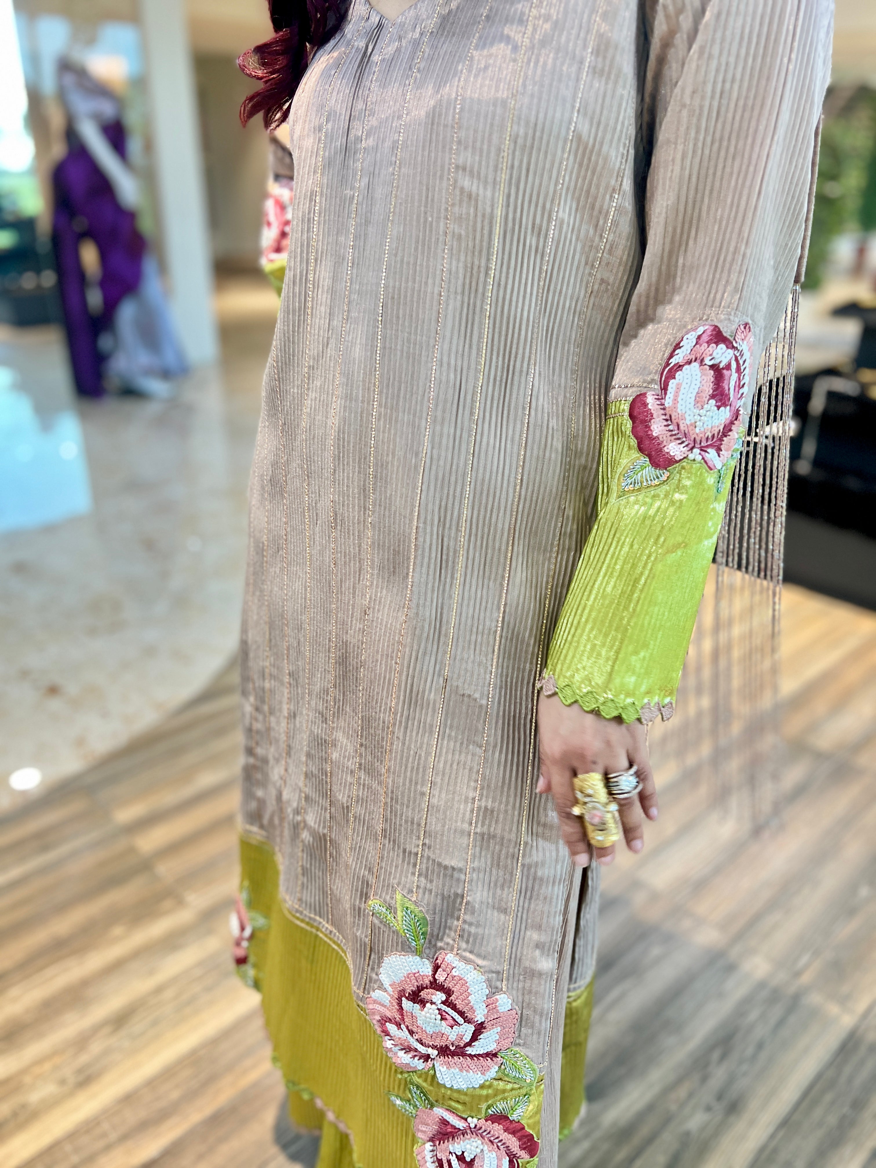 Zuri beige green shimmer gota striped suit set