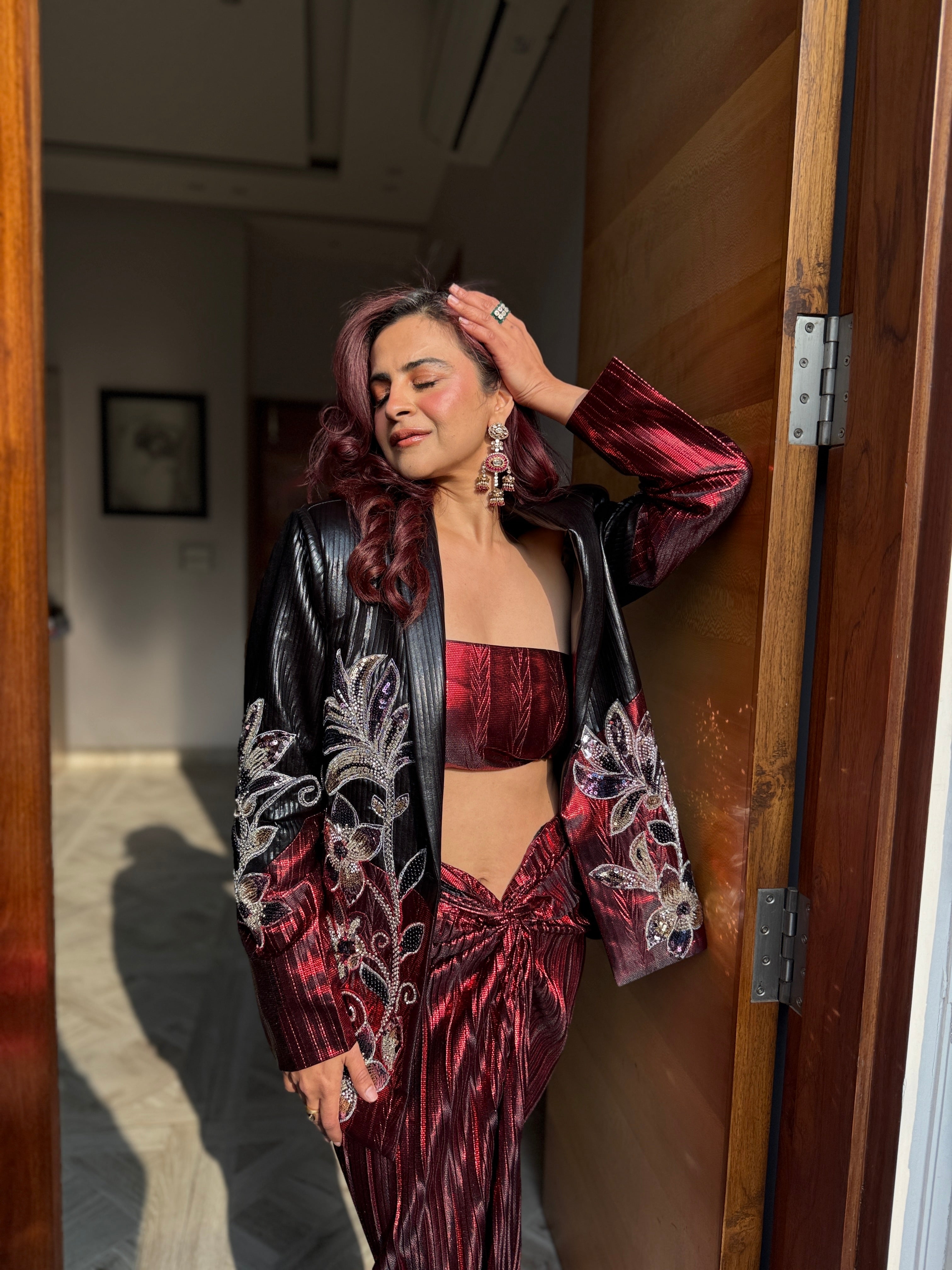 red and black  foil half and half power blazer with dhoti and tube