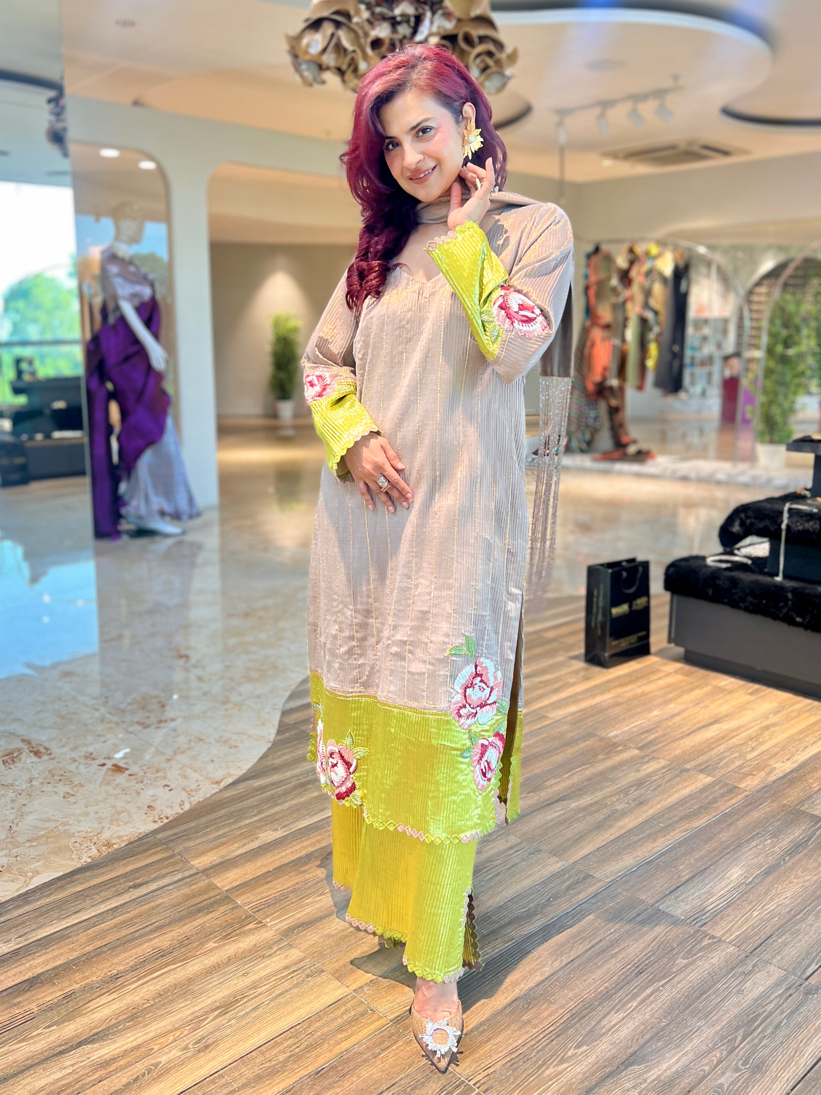 Zuri beige green shimmer gota striped suit set