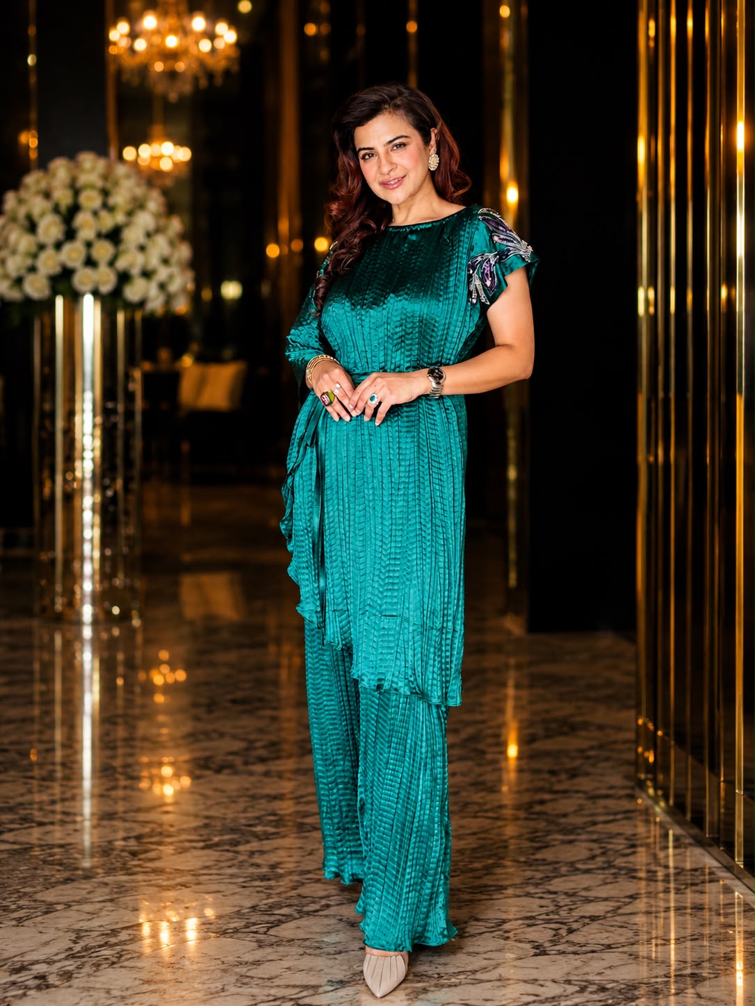 Emerald Geen Embroidered Pants set in Bottle Green
