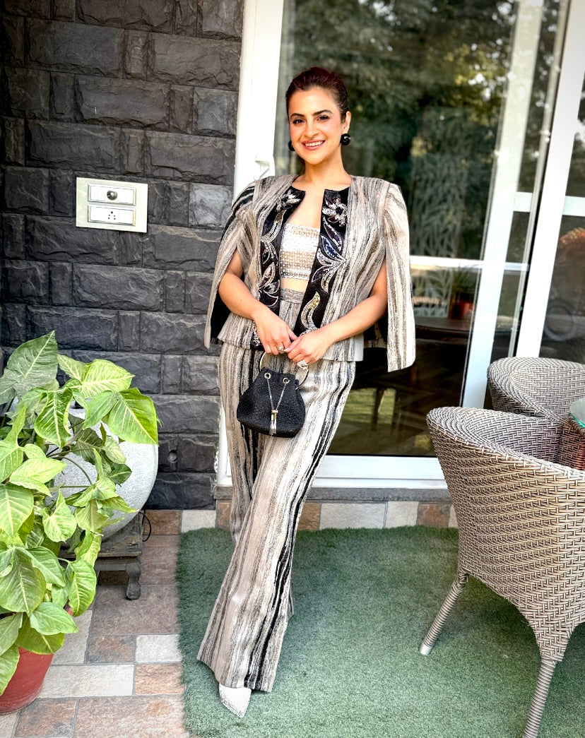 Charcoal embroidered Cape set in Grey