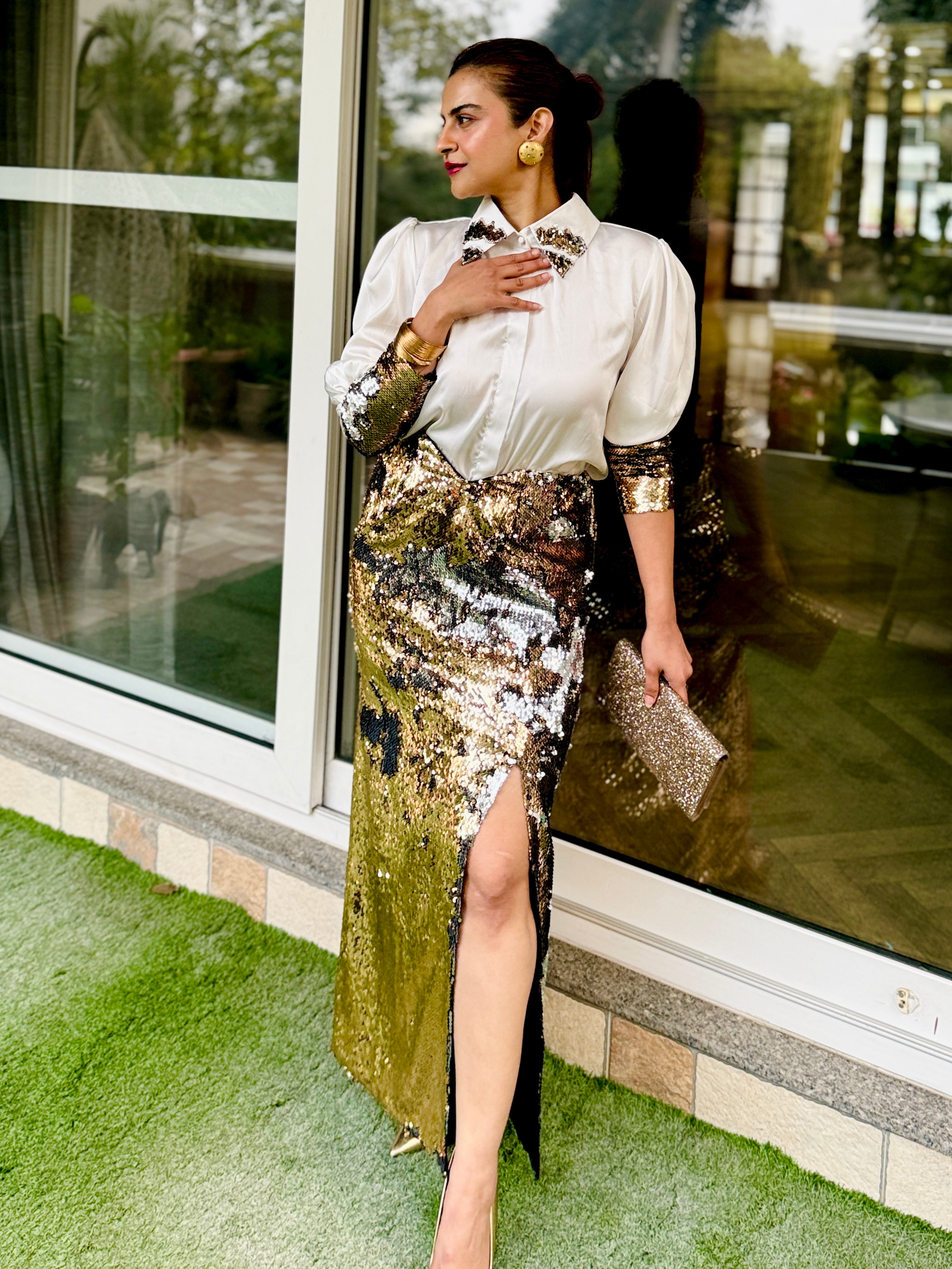 white armani gold silver sequin shirt