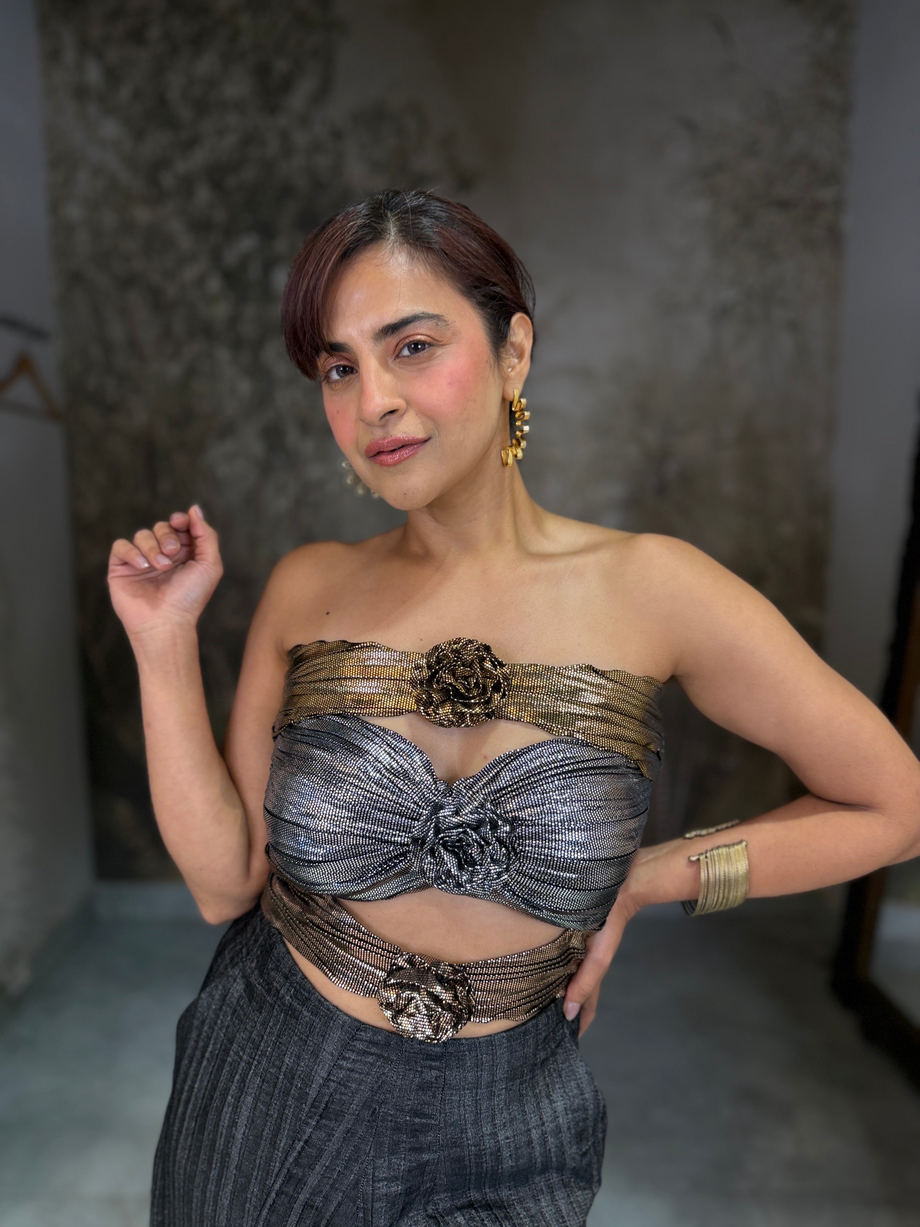 Foil jumpsuit with denim