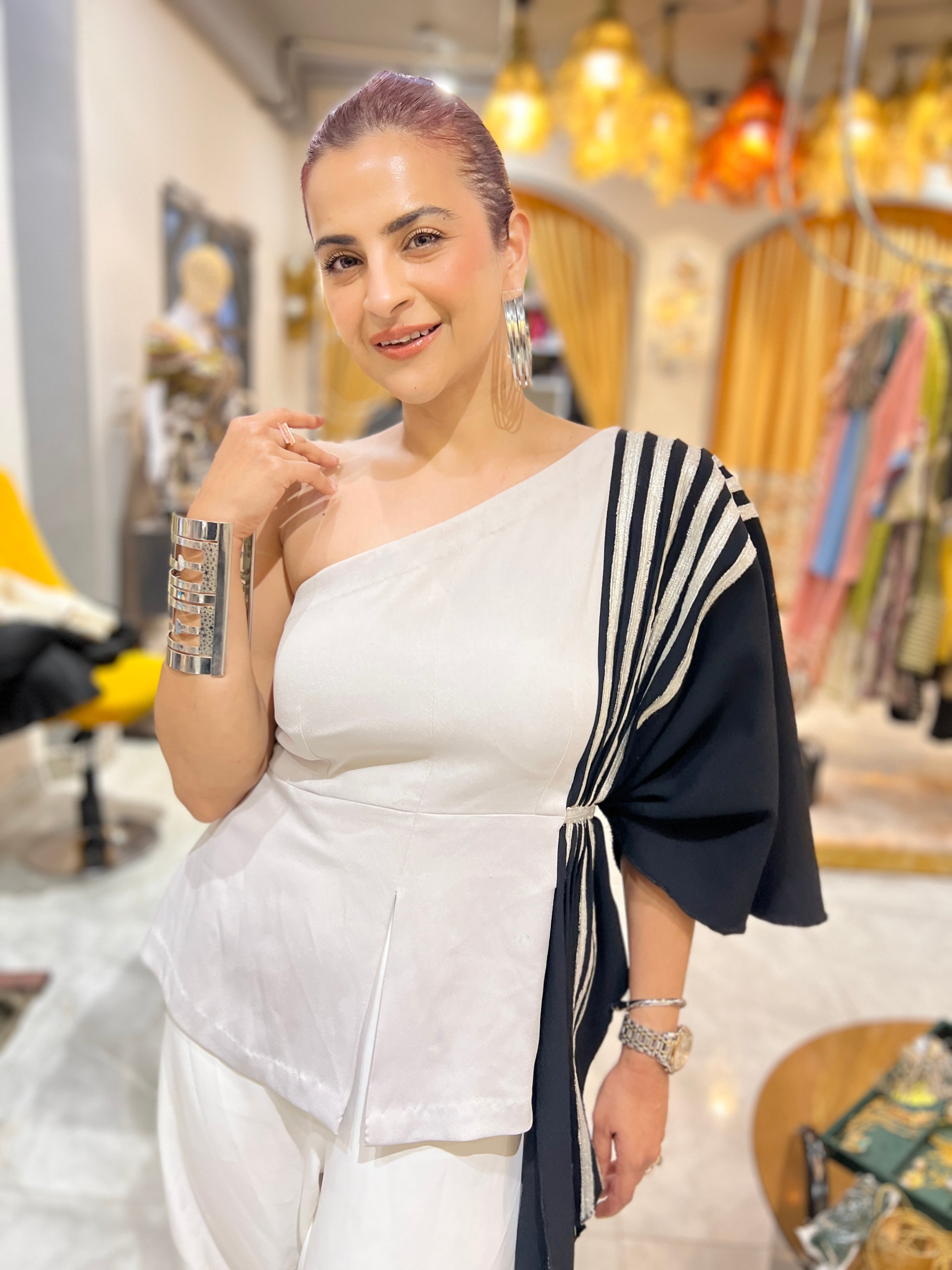White Illusion pants with drape top with hand cuff