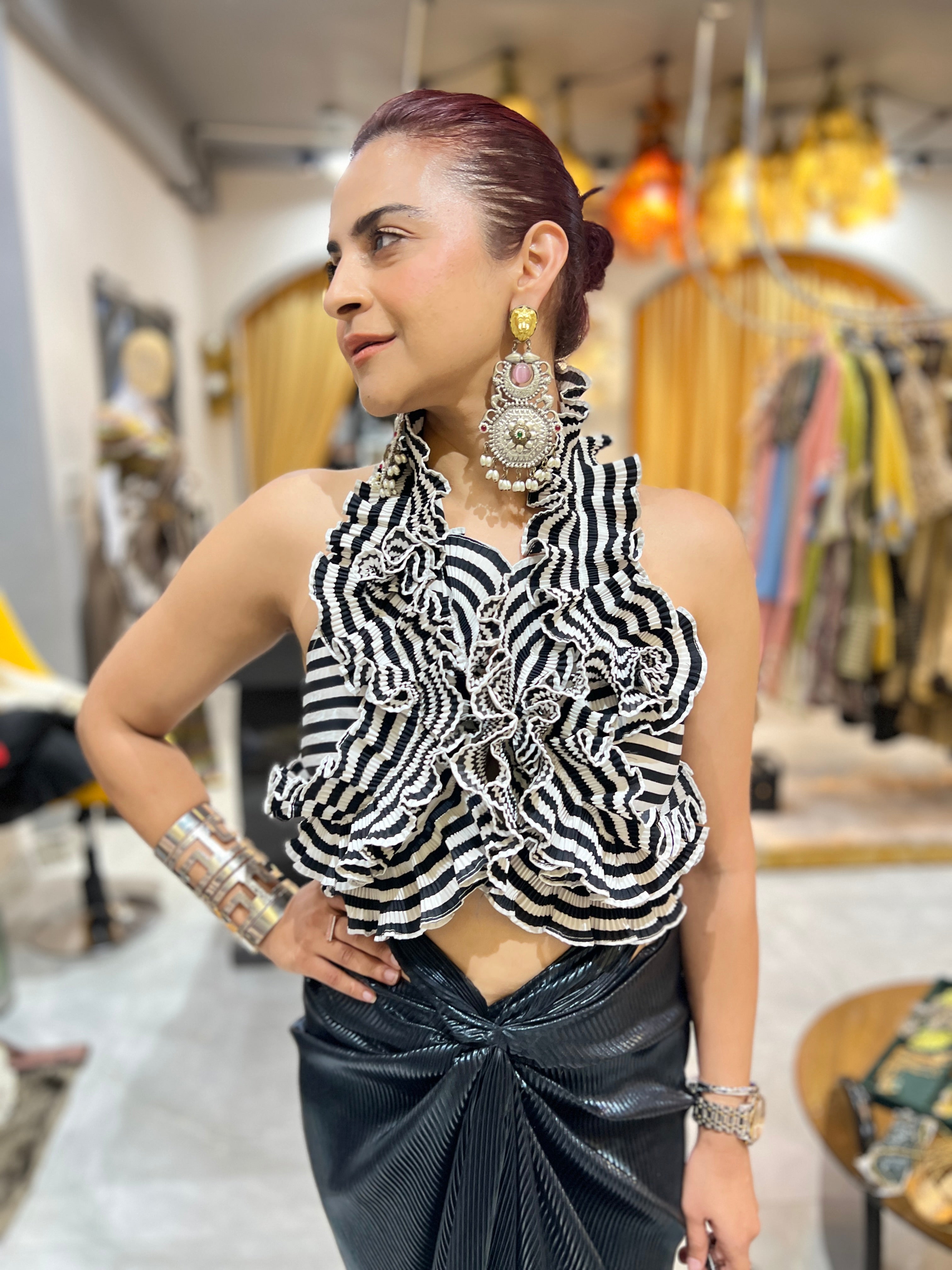 Stripe ruffle dream top with leather skirt set with belt