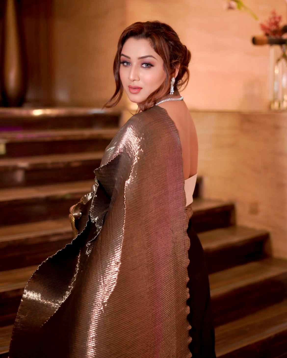 Multi Drape Off Shoulder Gown - Black & Antique gold