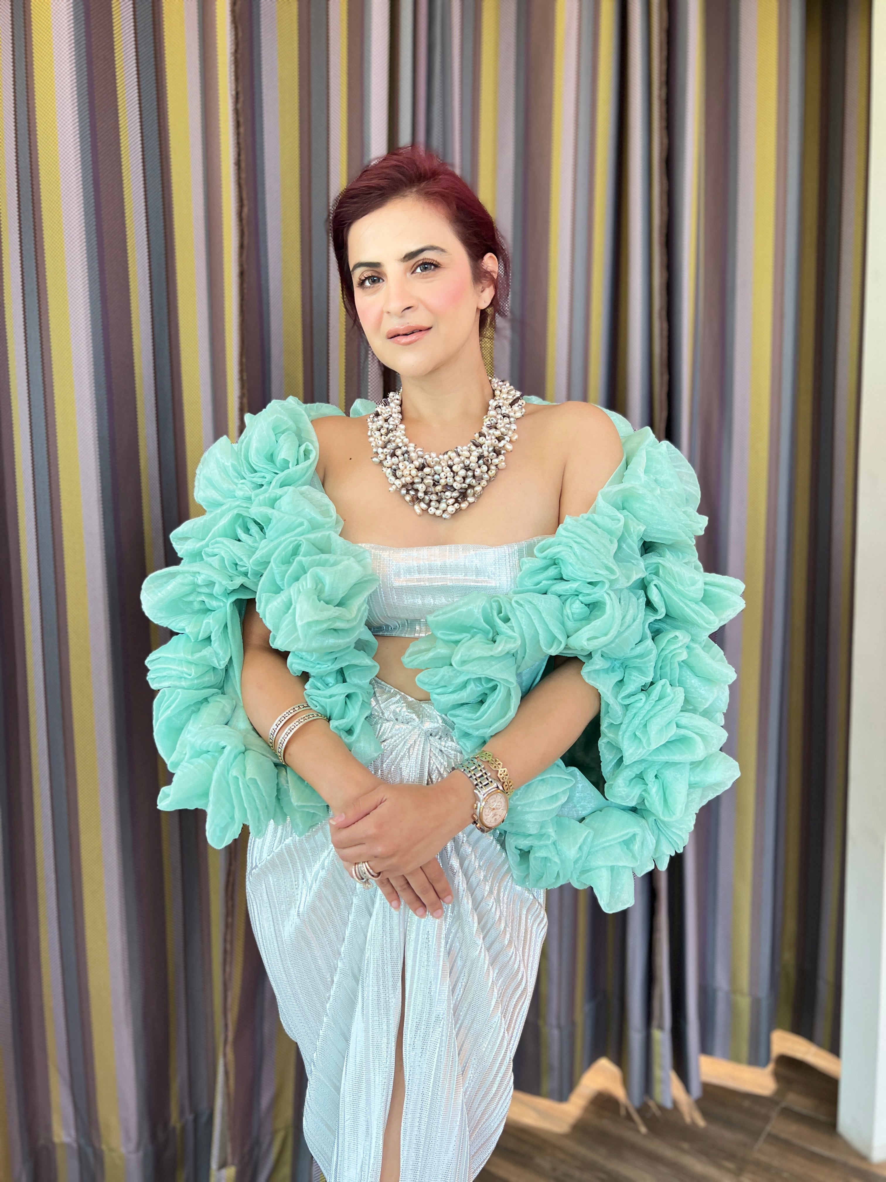 Sea Ripple Cape Set in Dirty blue and Pearl white