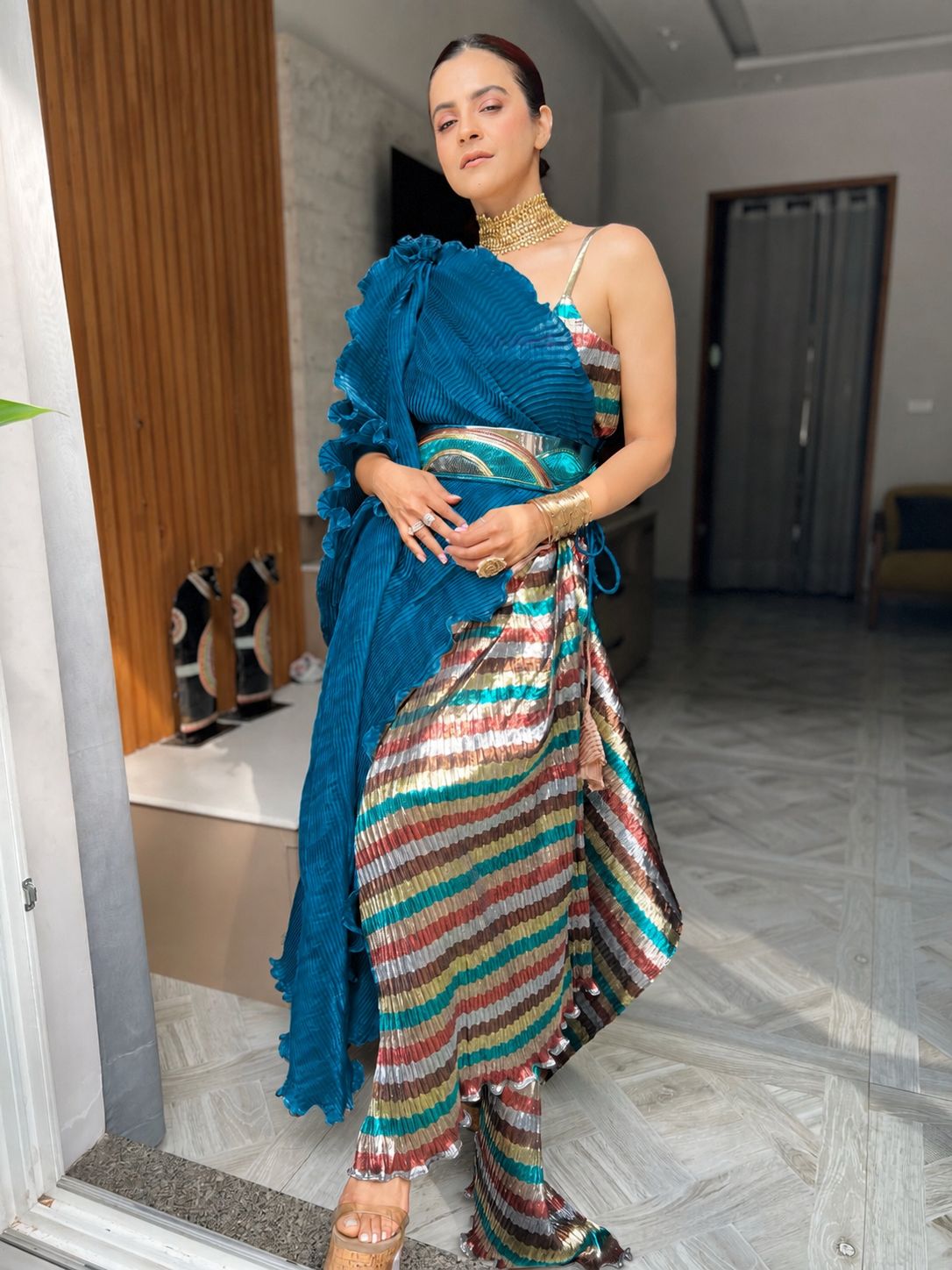 Dhoti Cape set in Peacock Blue