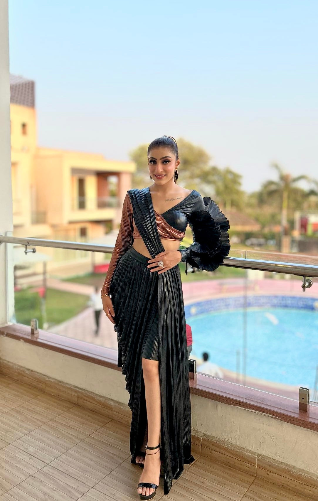 Black & Copper Faux Leather Drape saree with Ruffle Blouse