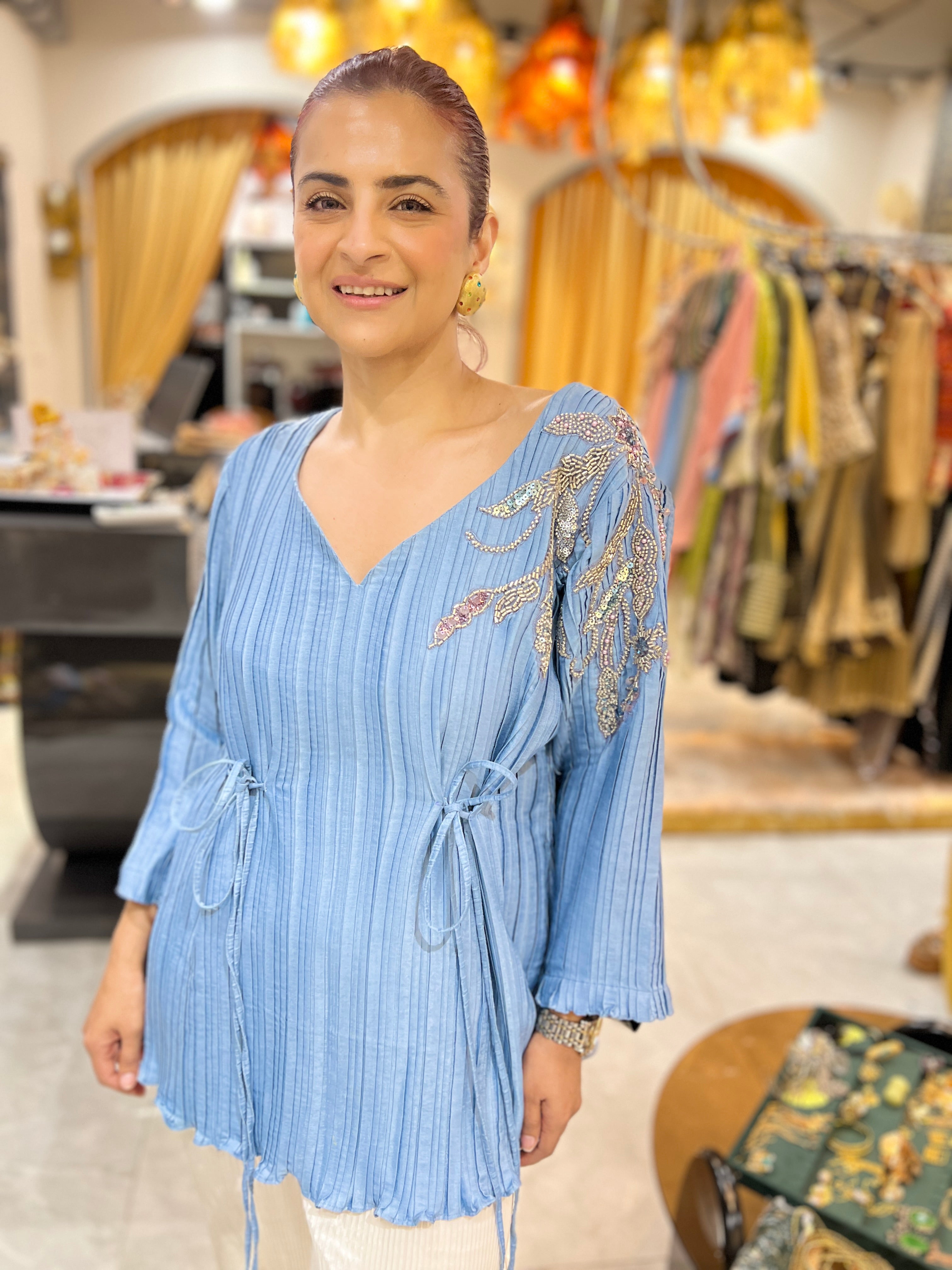 Blue denim & white silk pants set
