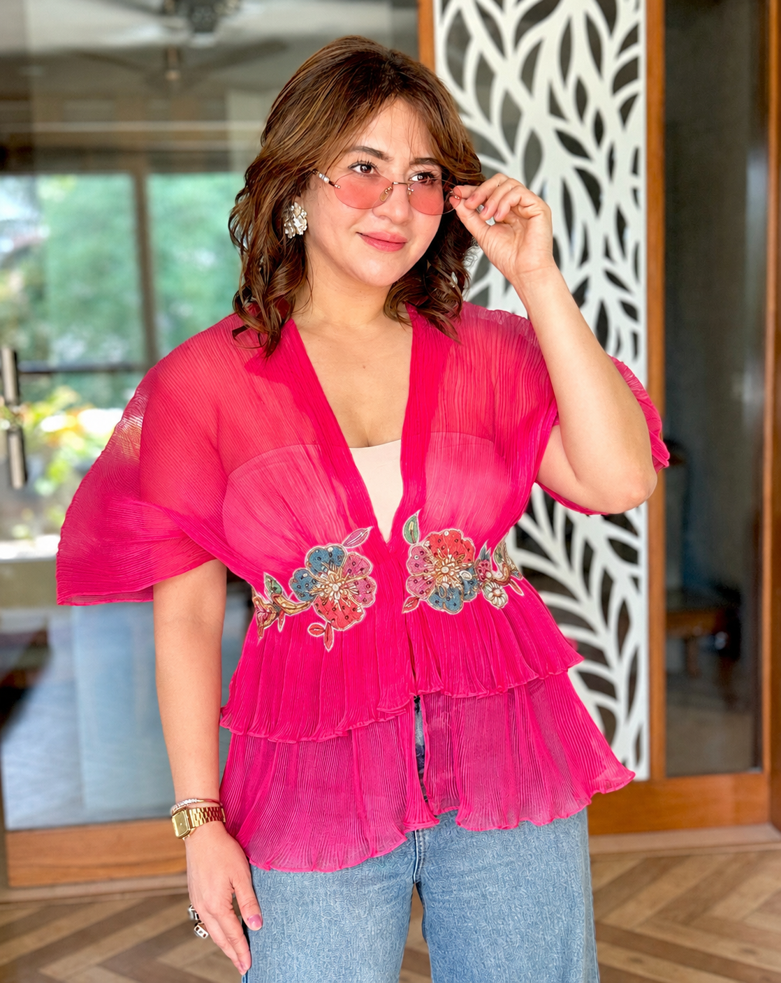 Pink embroidered moon top