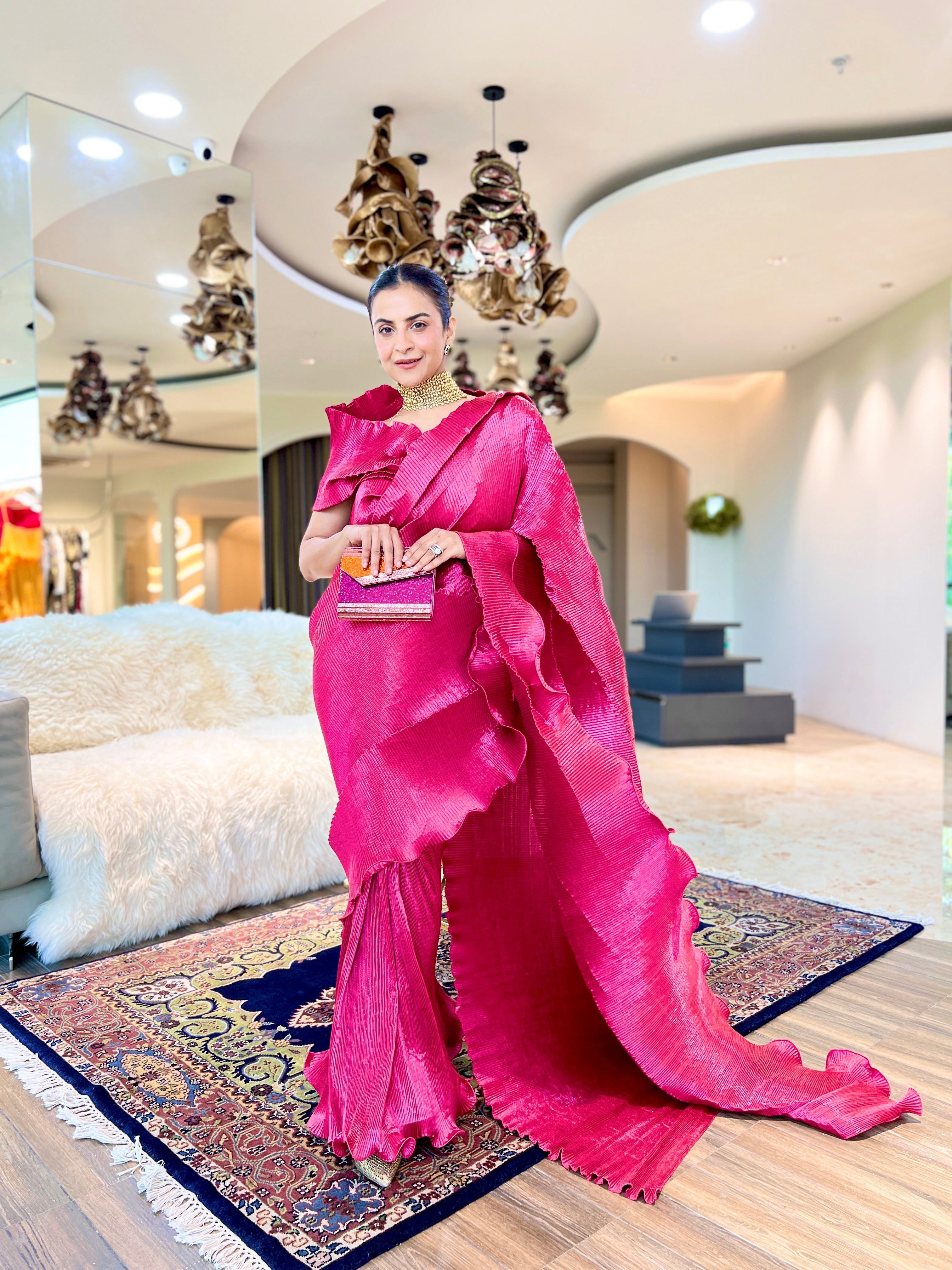 Fuchsia Pink pre draped shimmer silk saree