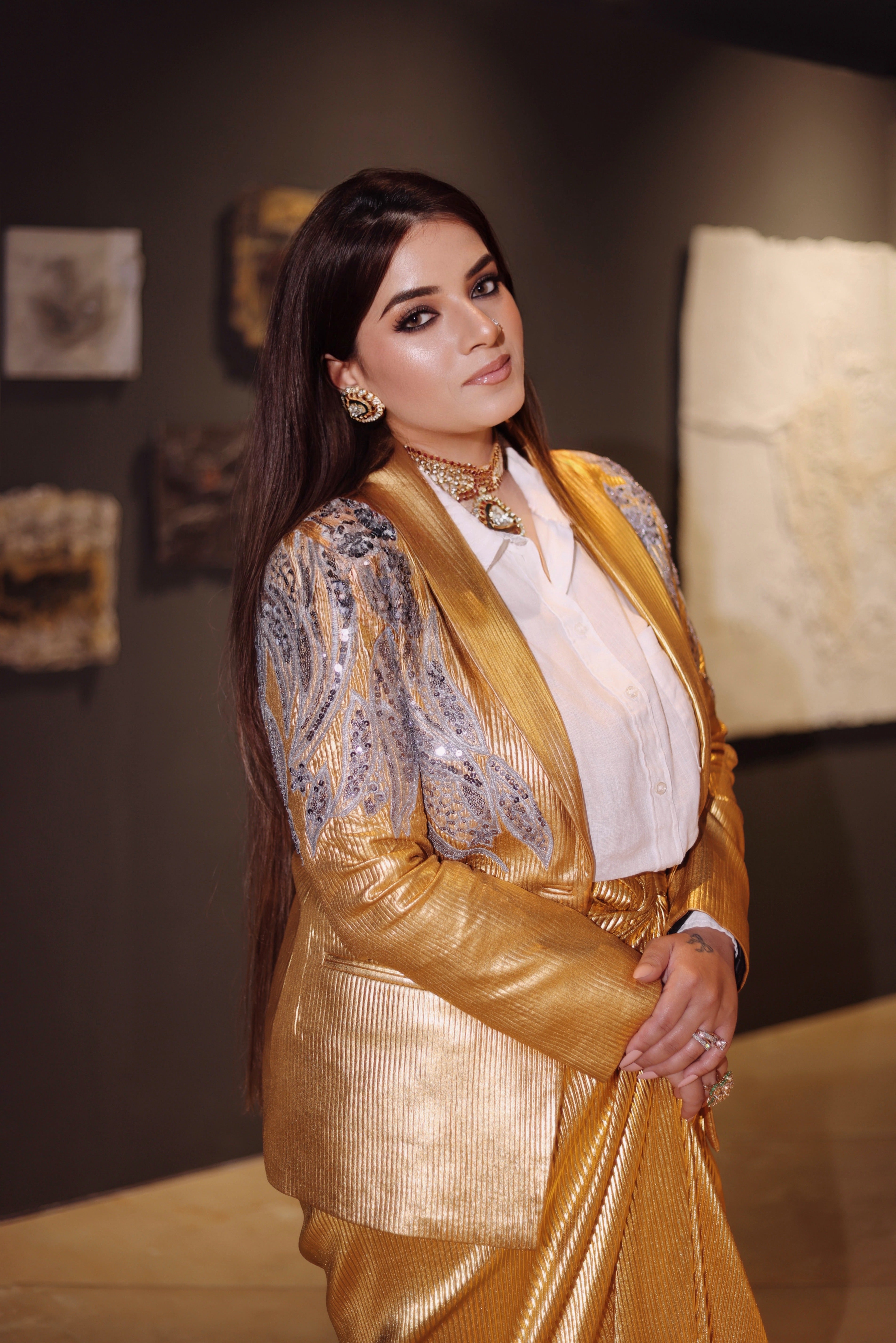 Gold Lust Power Drape Skirt Suit