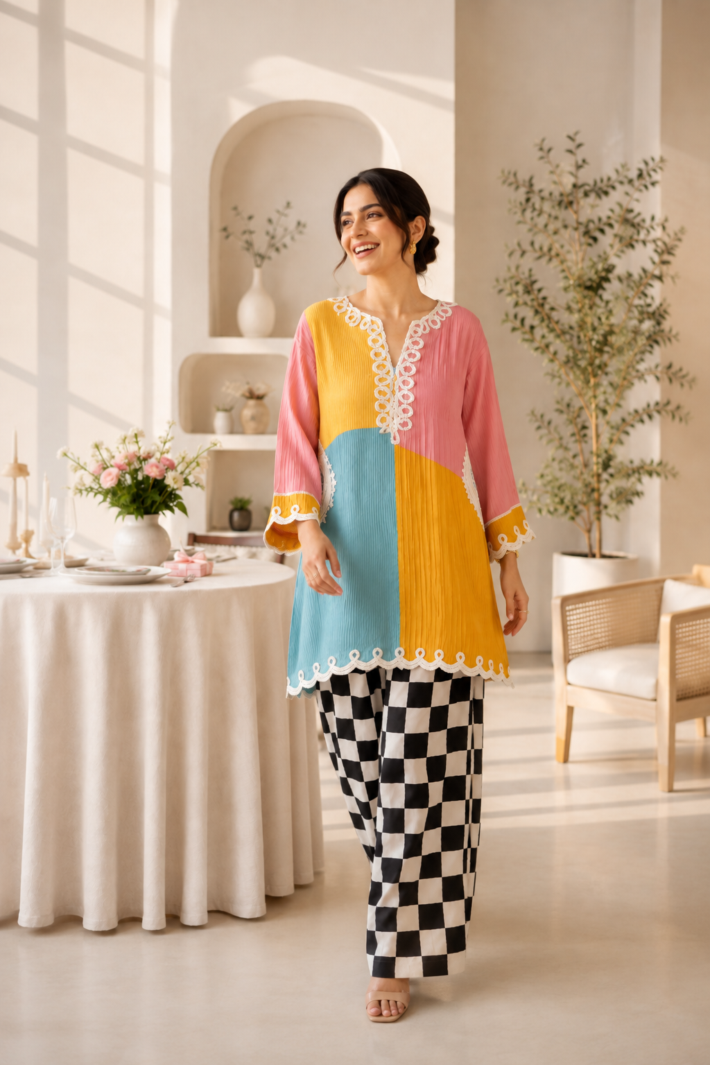 Mishri denim set  Embroidered Dori kurta  pants set in checkerd
