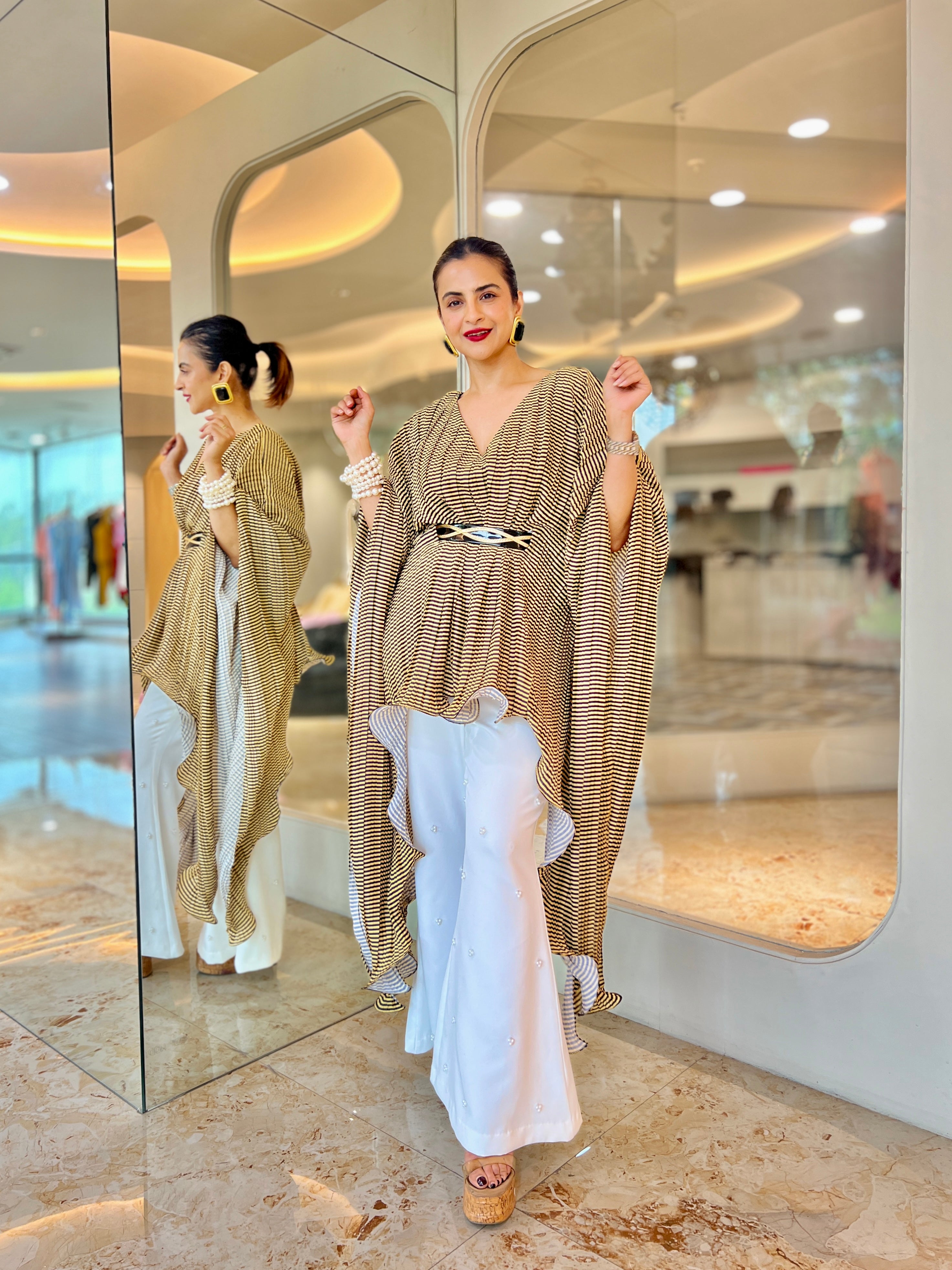 Yellow stripe v neck kaftan moon top