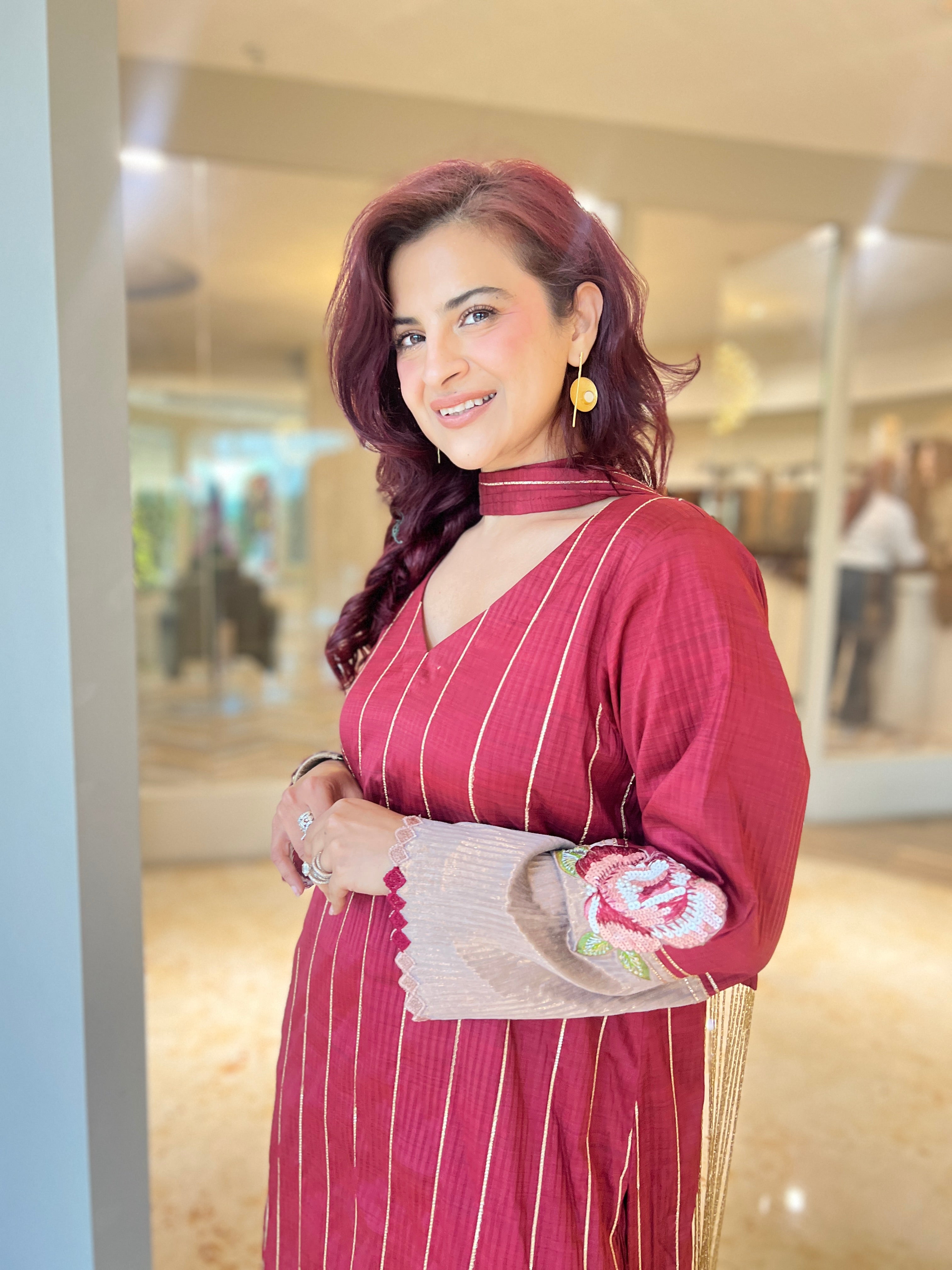 Zuri maroon gota striped suit set