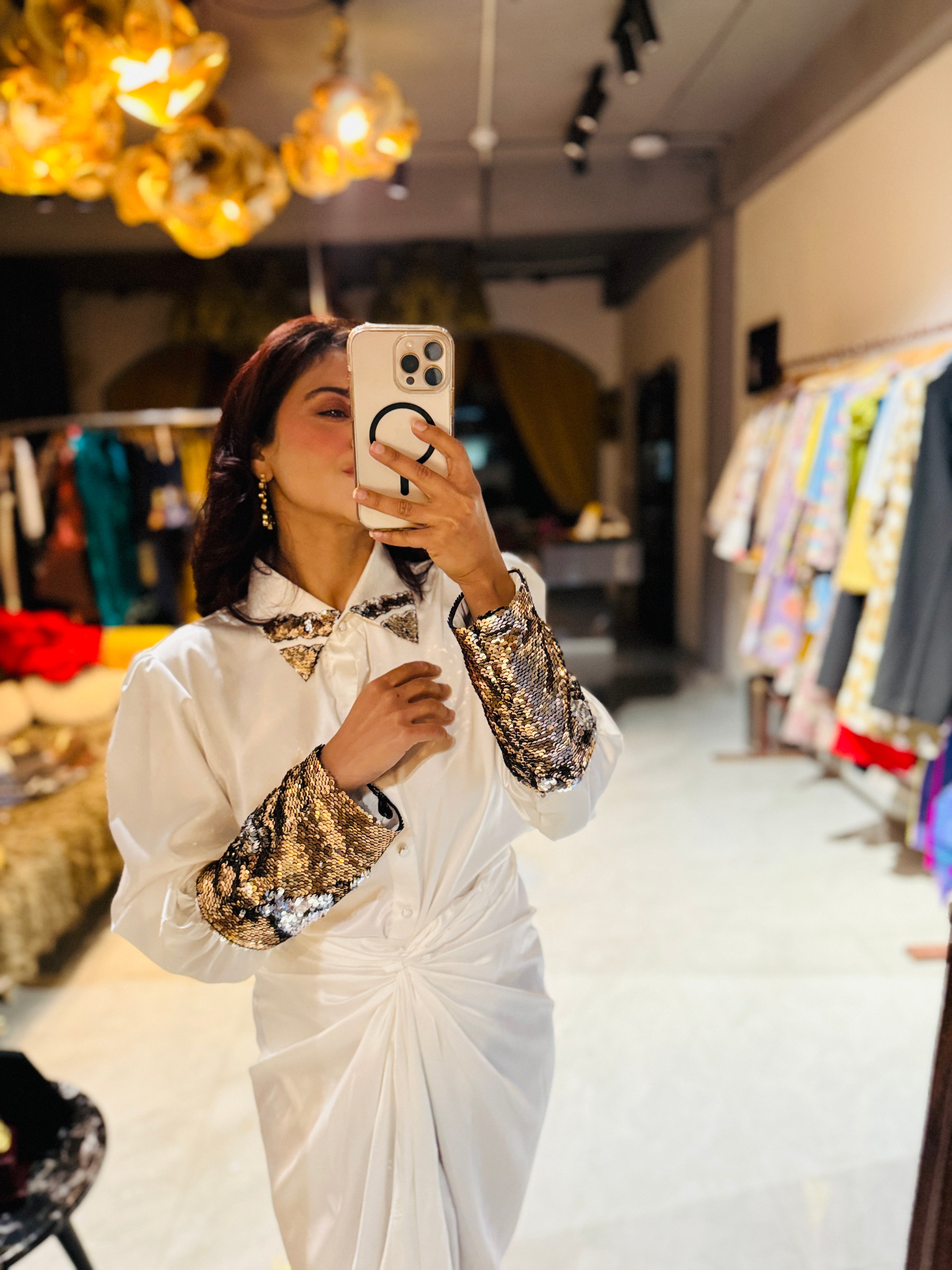 white armani gold silver sequin shirt with  draped knot skirt