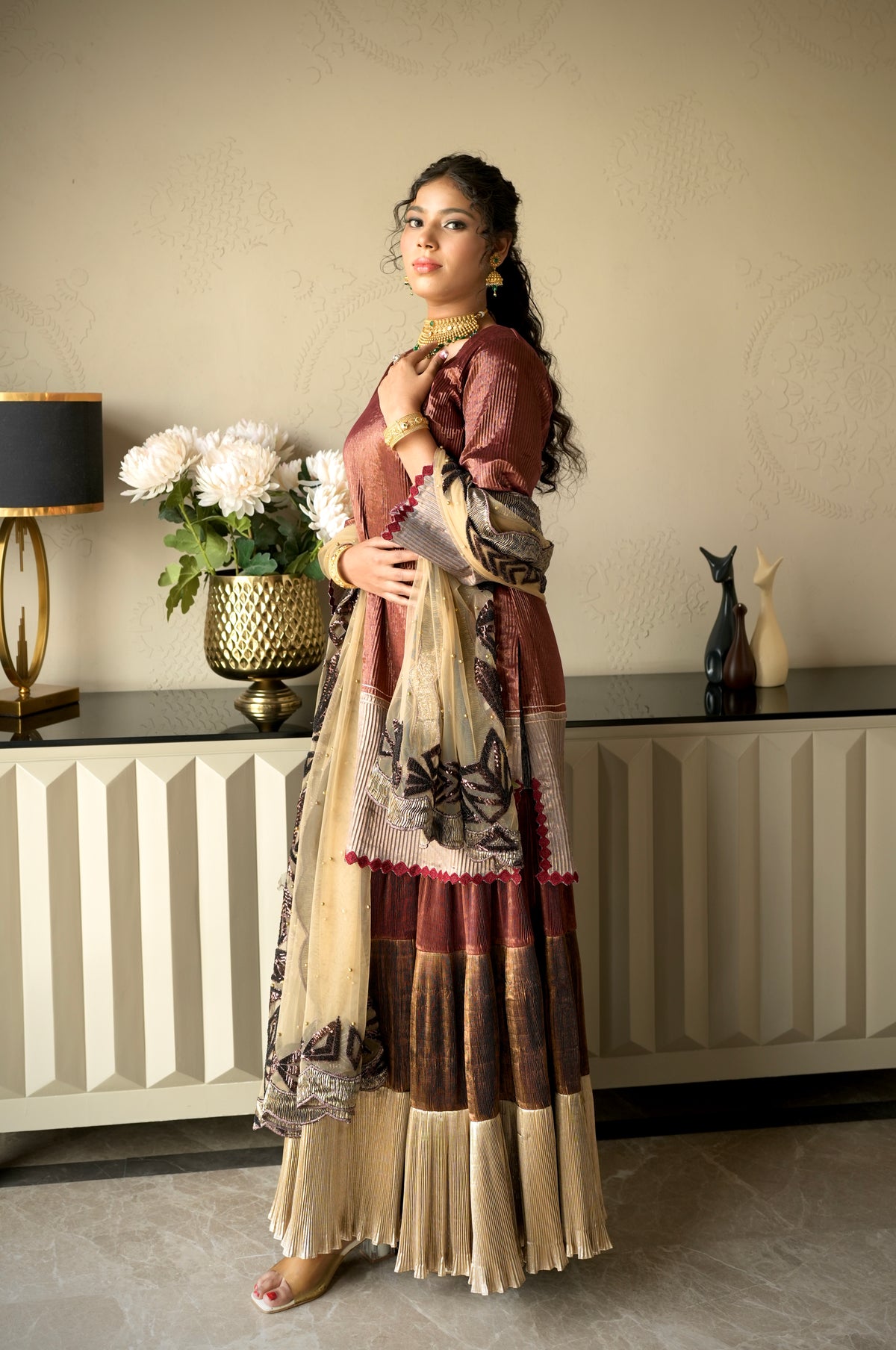 Cinnamon Rust Embroidered Kurta with Garara and Dupatta
