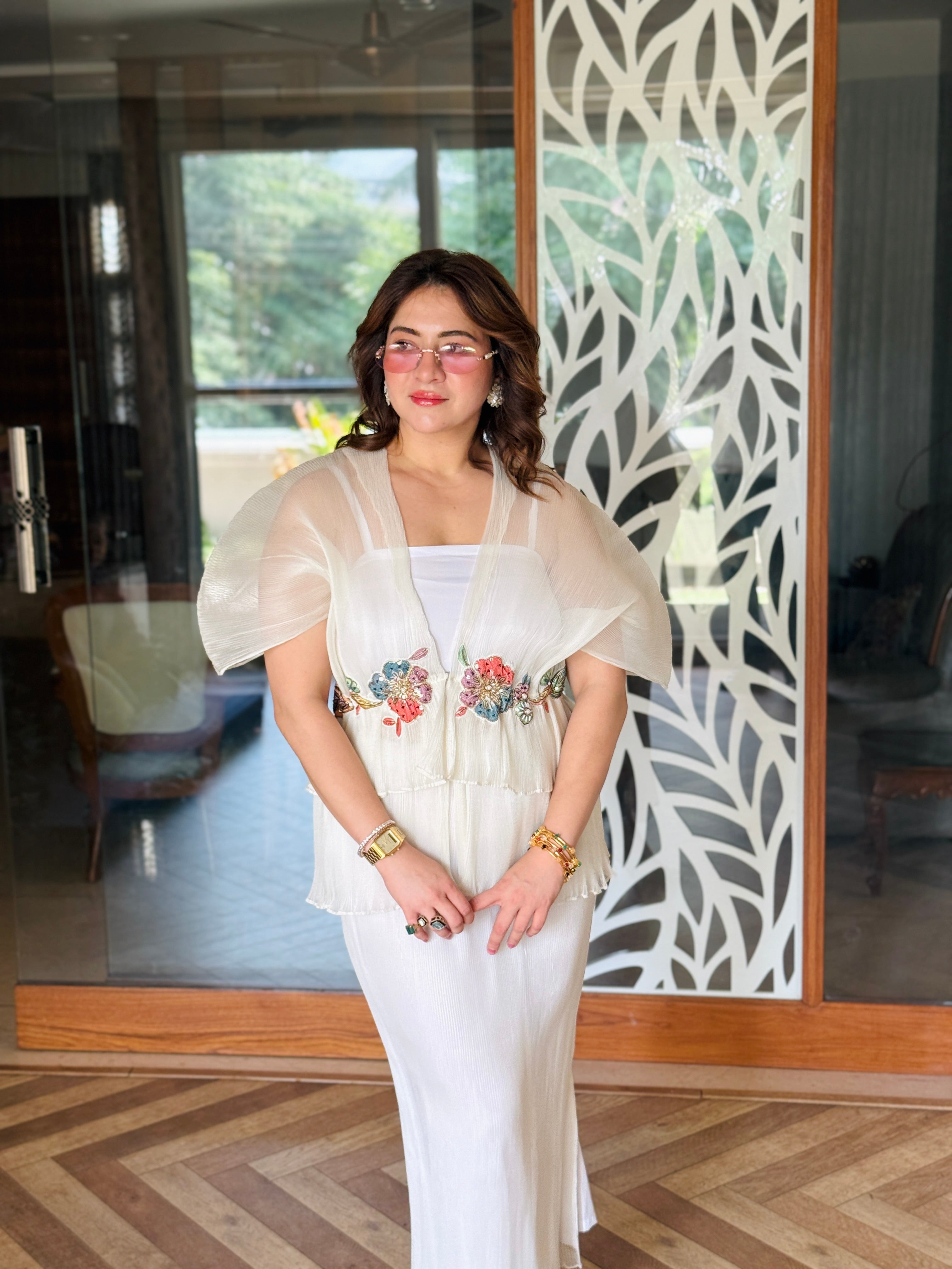 Embroidered Moon Top in ivory with skirt